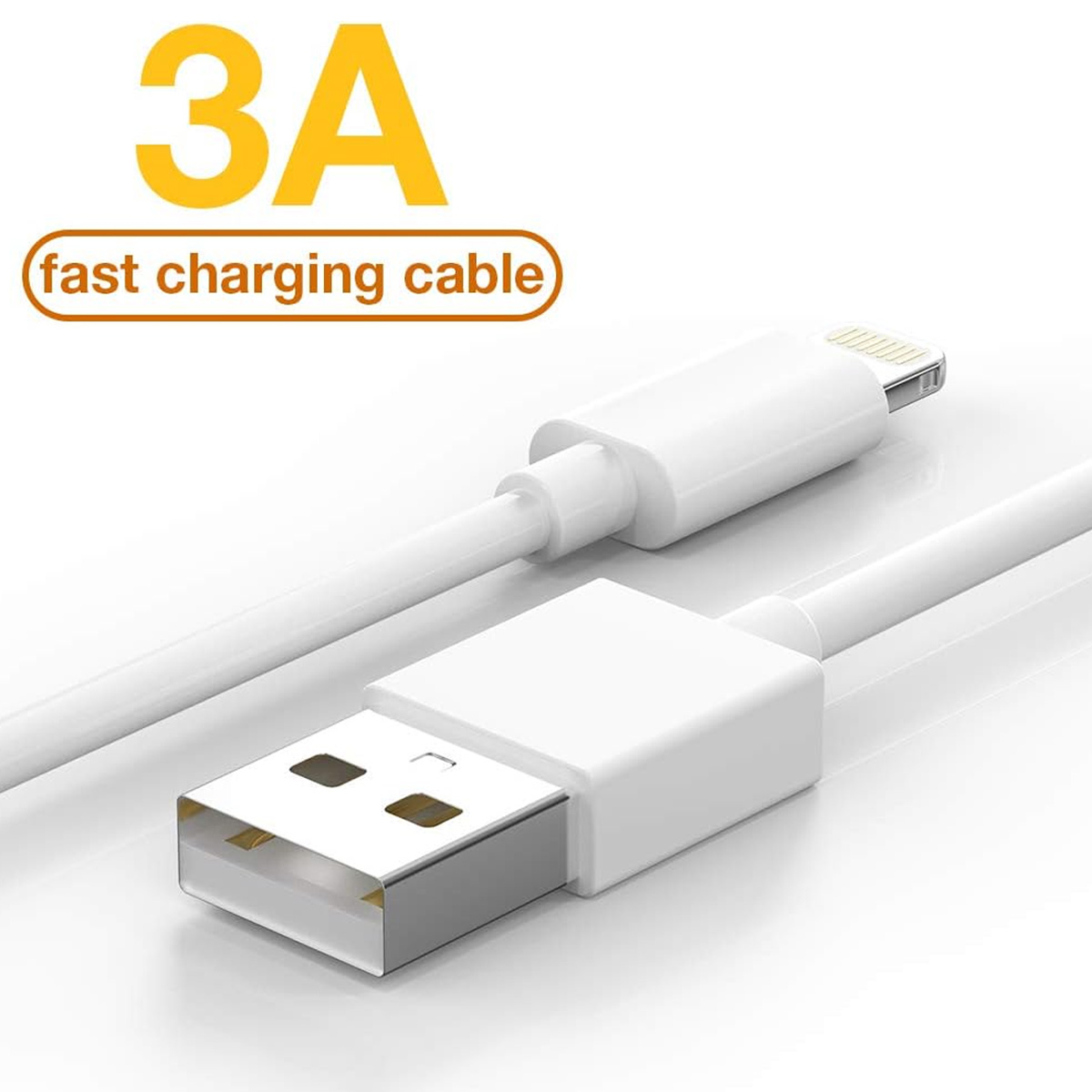 Weißes USB-Ladekabel mit Lightning-Anschluss. Text oben: '3A Schnellladekabel'.