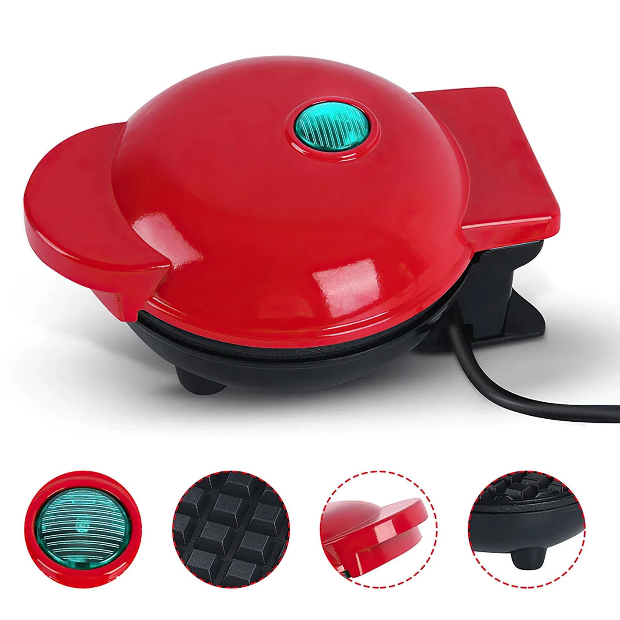 Ein roter Waffeleisen mit grünem Licht oben. Es hat eine schwarze Basis und ein Netzkabel.