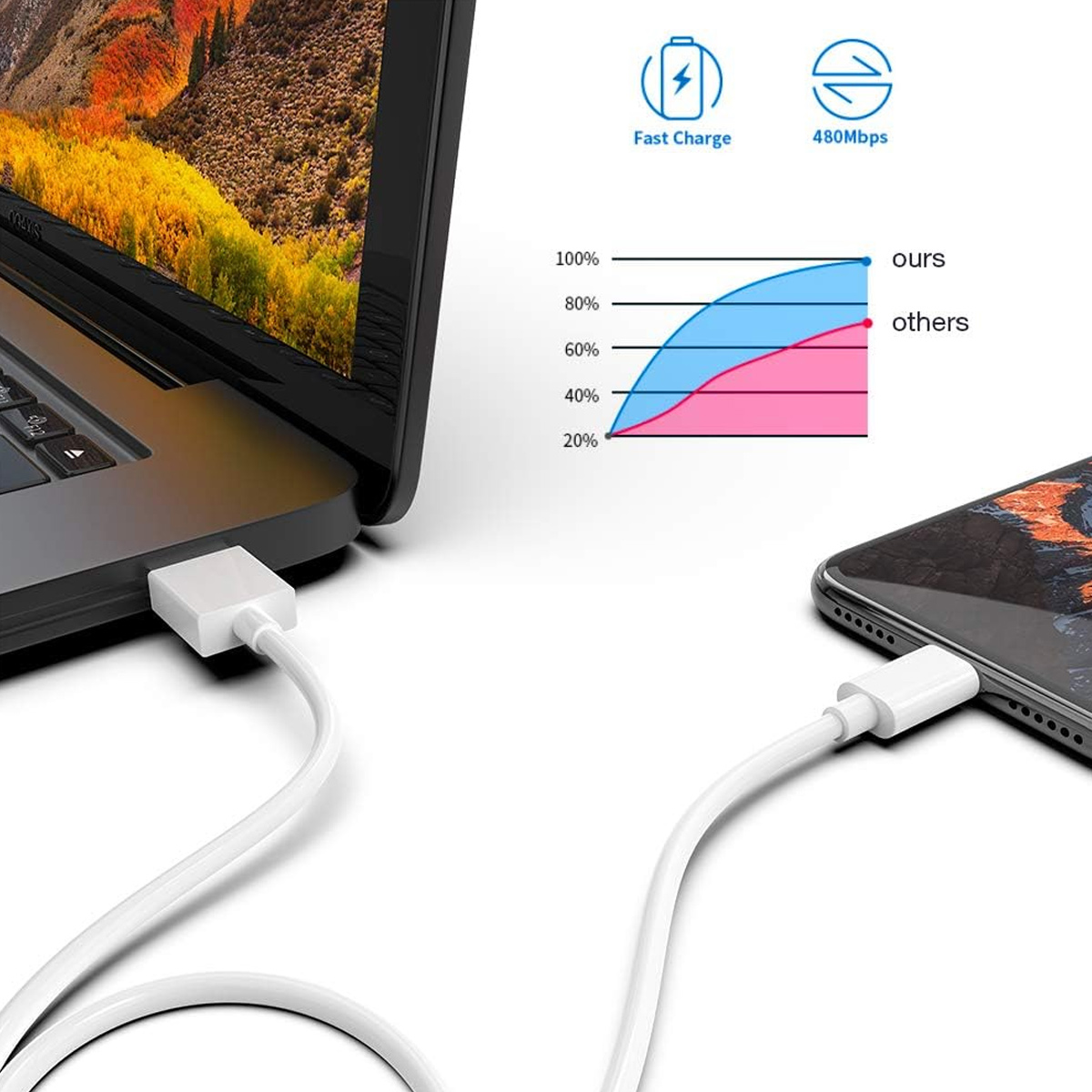 Laptop und Telefon sind mit weißen Kabeln verbunden. Ein Diagramm vergleicht die Ladegeschwindigkeit, 'unsere' ist schneller als 'andere'. Symbole für schnelles Laden und 480 Mbit/s.