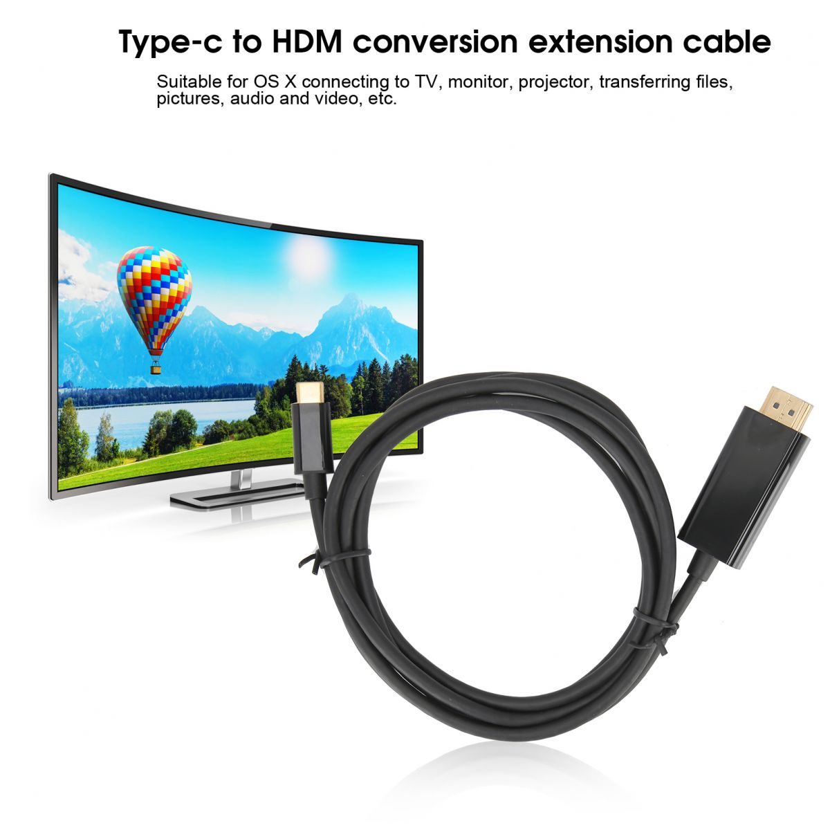Ein schwarzes Typ-C-zu-HDMI-Kabel ist gewellt, mit sichtbaren Anschlüssen. Ein Fernseher zeigt eine Landschaft mit einem Heißluftballon.