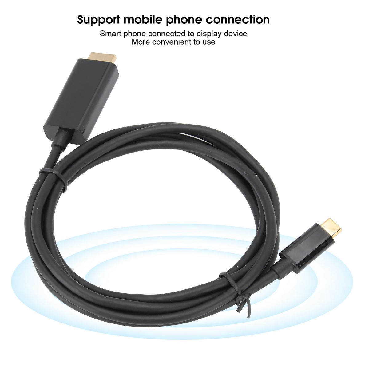 Ein schwarzes Kabel mit Anschlüssen an beiden Enden. Oben steht: Unterstützung der Mobiltelefonverbindung.