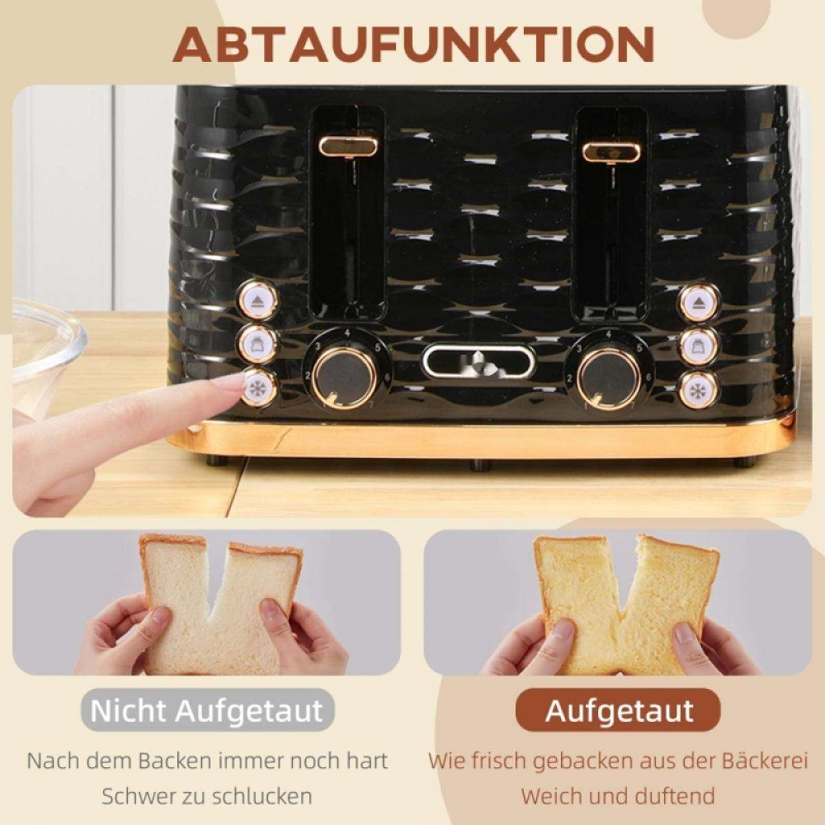 Ein schwarzer Toaster mit goldenen Akzenten, der Brotscheiben zeigt. Unten sind Brotvergleiche: gefroren vs. aufgetaut, zusammen mit Text.