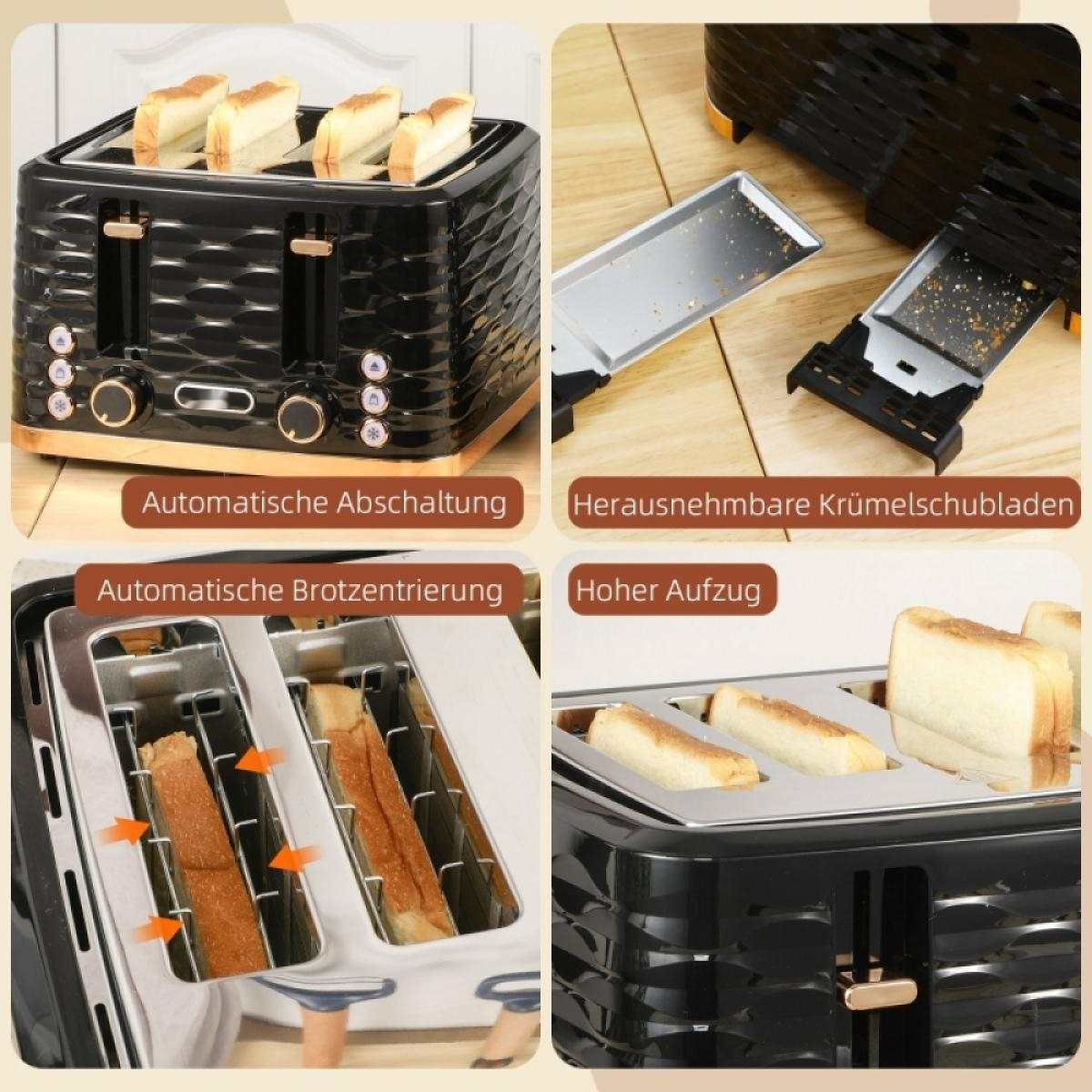 Ein schwarzer Toaster mit goldenen Akzenten. Er hat 4 Schlitze mit Brot darin. Zu den Merkmalen gehören eine automatische Abschaltung und eine Krümelablage.