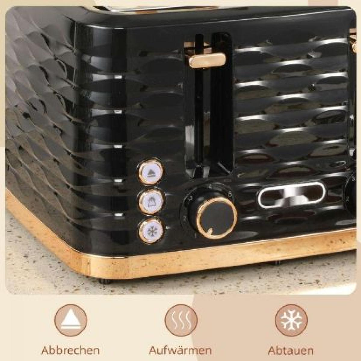 Ein schwarz-goldener Toaster mit Tasten für Abbrechen, Aufwärmen und Auftauen. Das Design hat eine strukturierte Oberfläche.