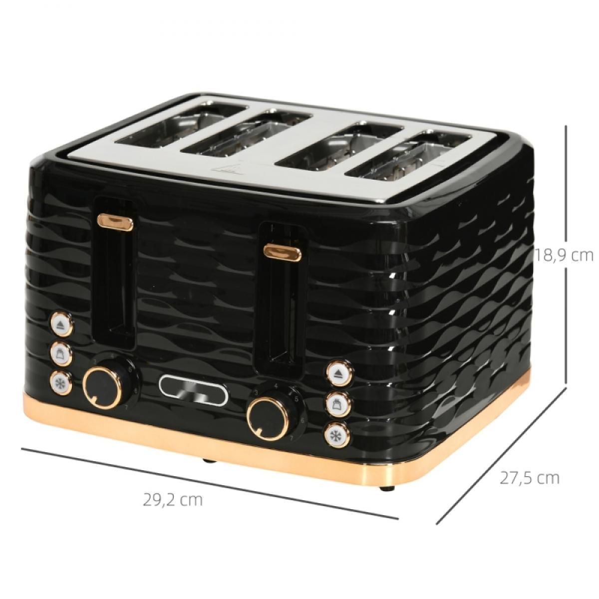 Ein schwarz-goldener Toaster mit vier Schlitzen. Abmessungen sind angegeben. Knöpfe und Drehregler sind vorne sichtbar.