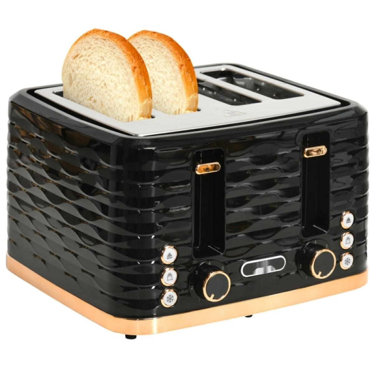 Ein schwarz-goldener Toaster mit zwei Brotscheiben in den Schlitzen. Knöpfe und Drehregler sind vorne sichtbar.
