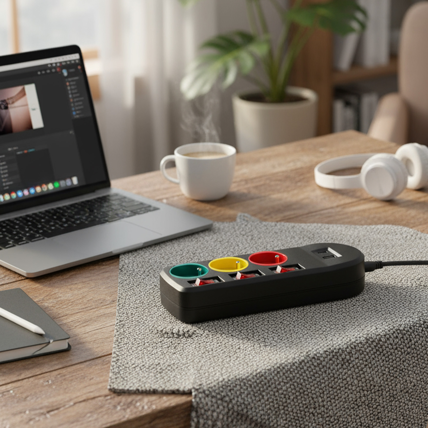 Biurko z laptopem, kawą, słuchawkami i listwą zasilającą. Listwa ma zielone, żółte i czerwone gniazda.