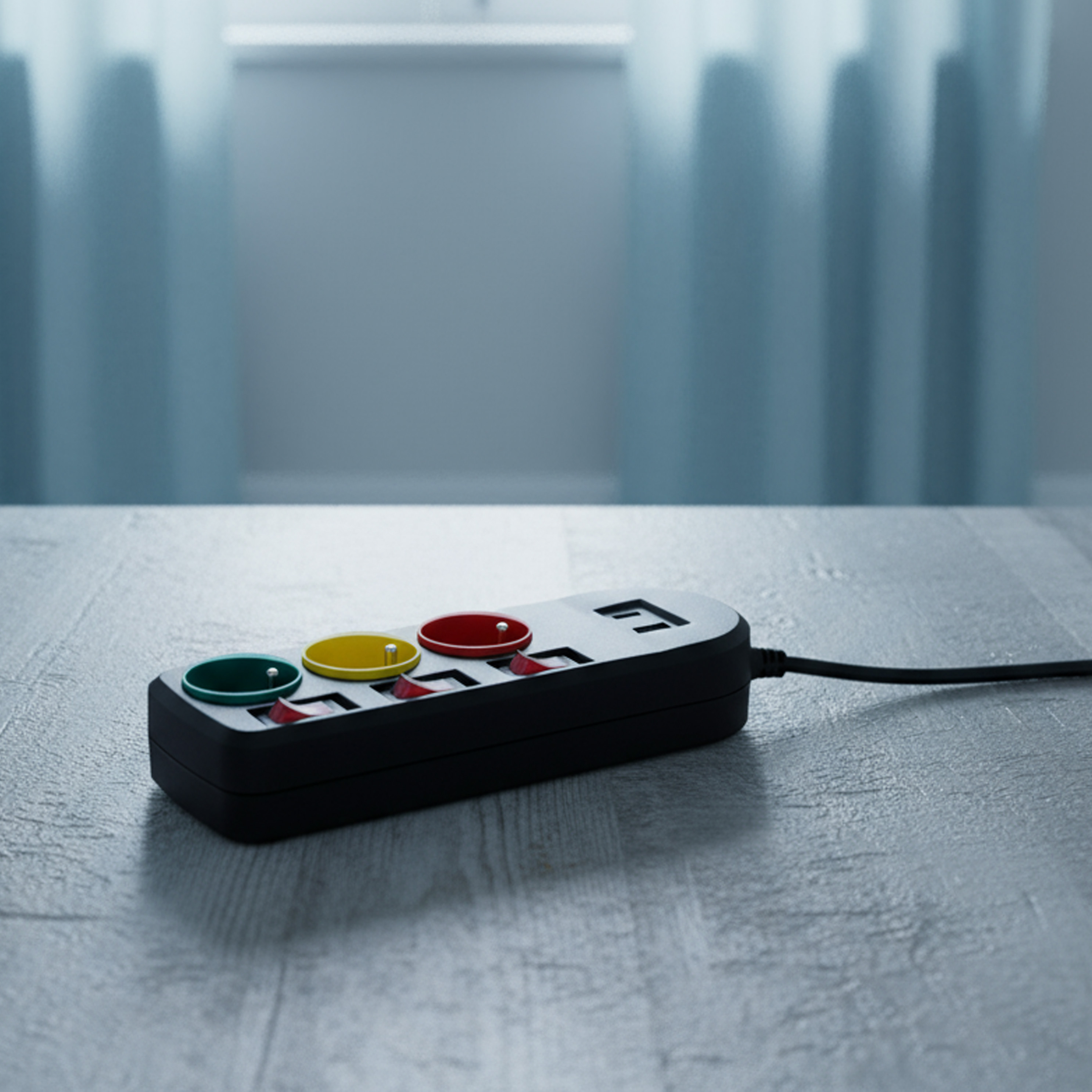 Czarny rozgałęźnik z kolorowymi przyciskami na powierzchni drewnopodobnej. Tło: zasłony i okno.