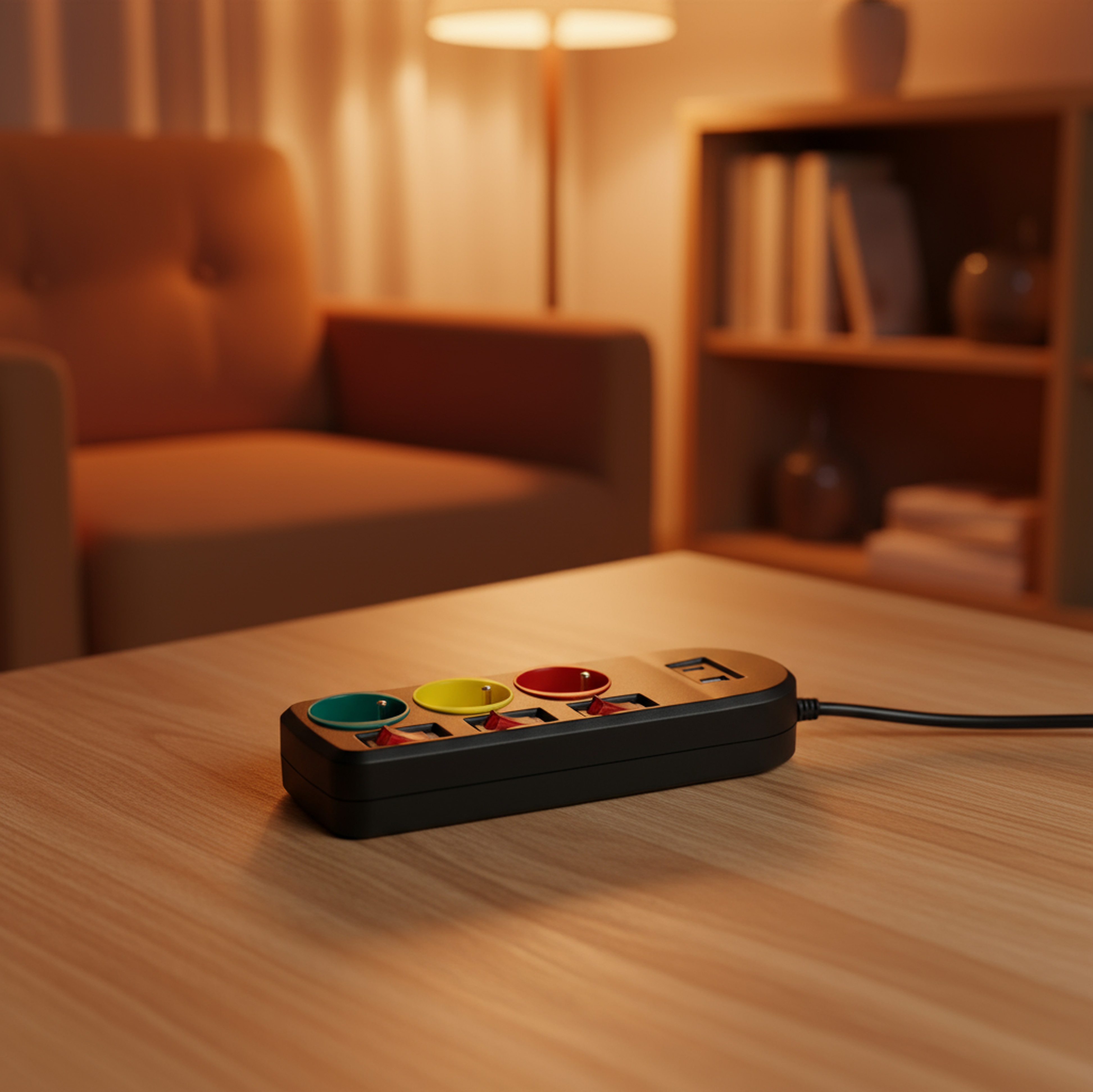 Zbliżenie listwy zasilającej z zielonymi, żółtymi i czerwonymi przyciskami na drewnianym stole.