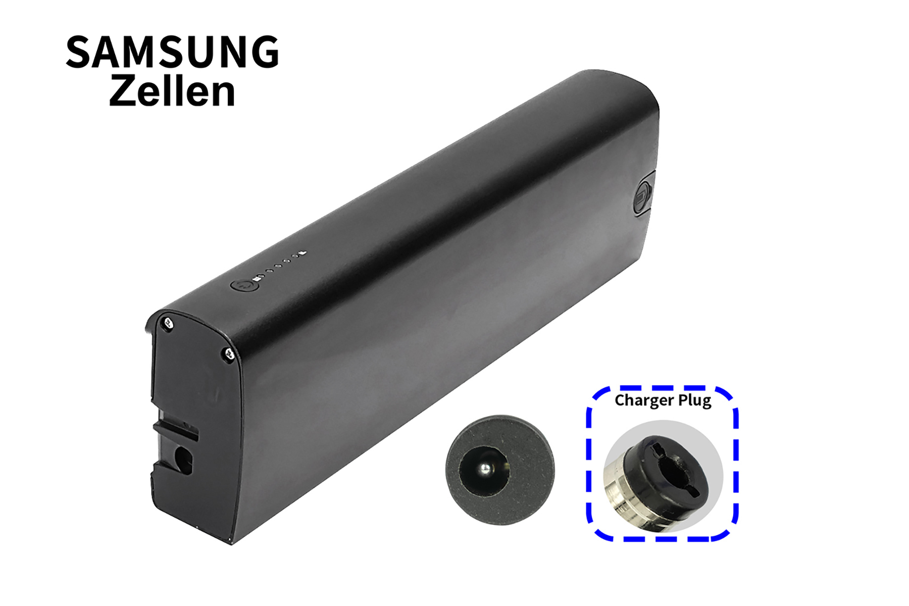 Schwarzes Samsung-Akkupack mit Ladestecker. Enthält Stecker und Betriebsanzeige. Weißer Hintergrund.