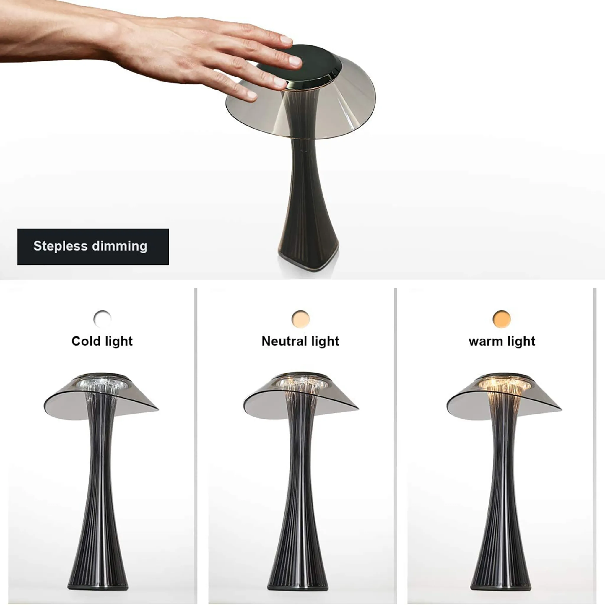 Eine Hand berührt eine schwarze Lampe mit grauem Schirm. Sie zeigt stufenloses Dimmen und drei Lichteinstellungen: kalt, neutral und warm.
