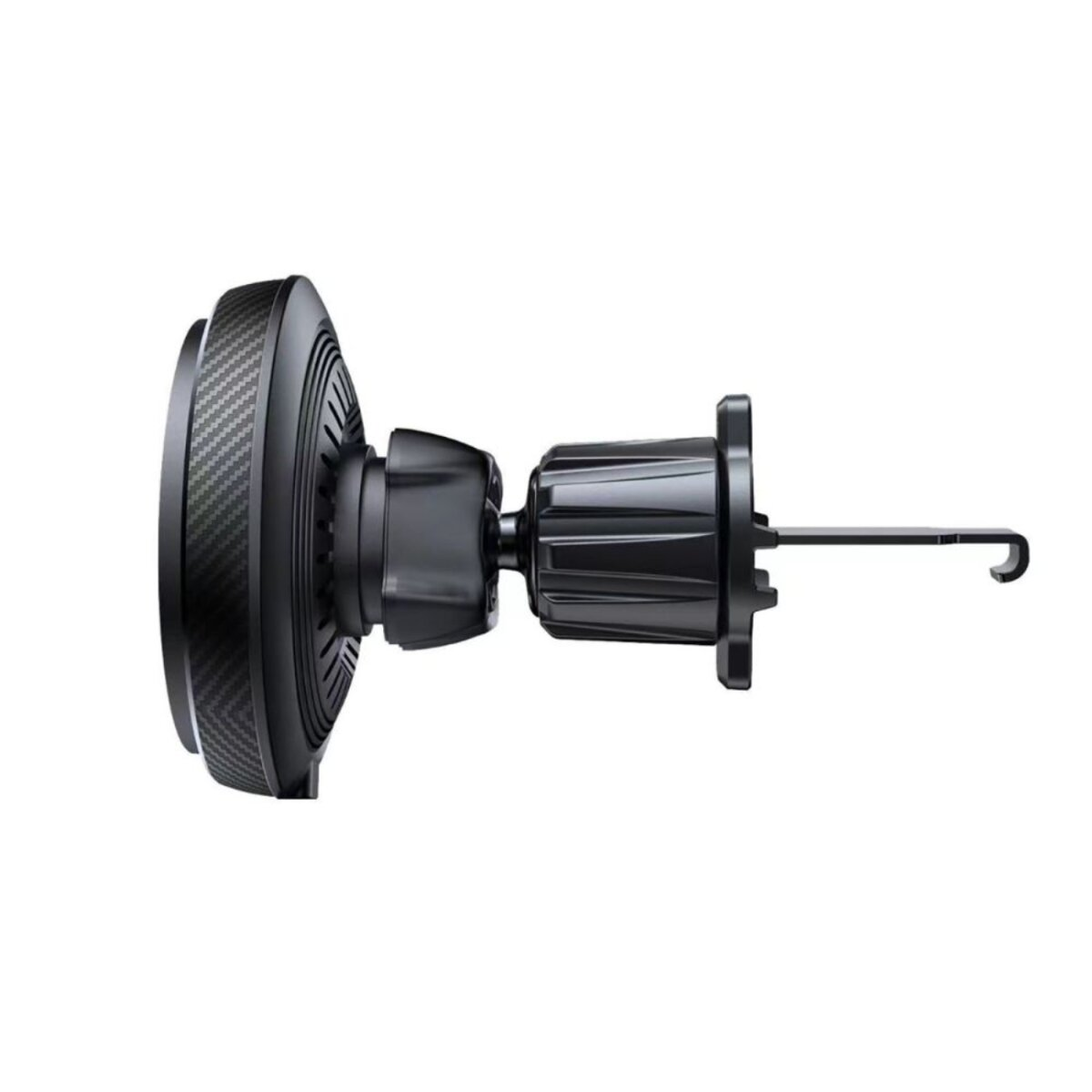 Een zwarte telefoonhouder voor in de auto. Het heeft een ronde basis met een koolstofvezelpatroon en een haak aan de andere kant.