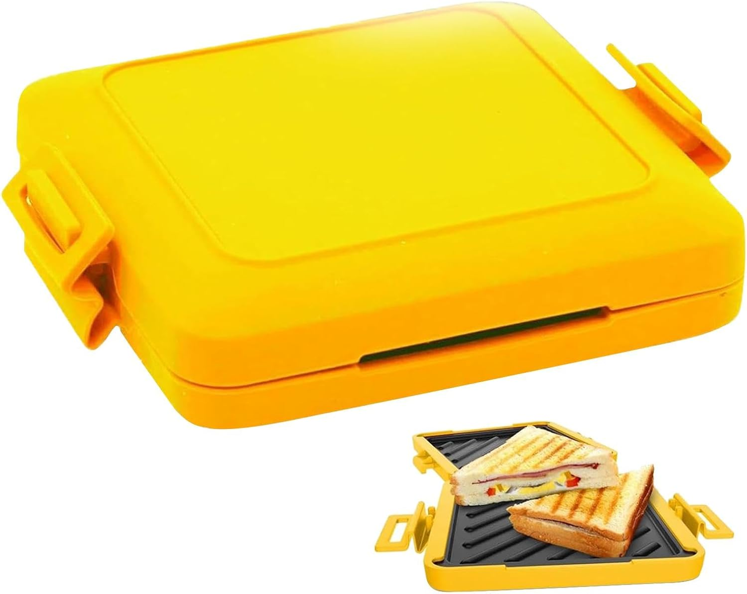 Gelber Sandwichmaker mit zwei gegrillten Sandwiches. Der Maker ist offen und zeigt die Sandwiches. Die Sandwiches haben Schinken und Käse.