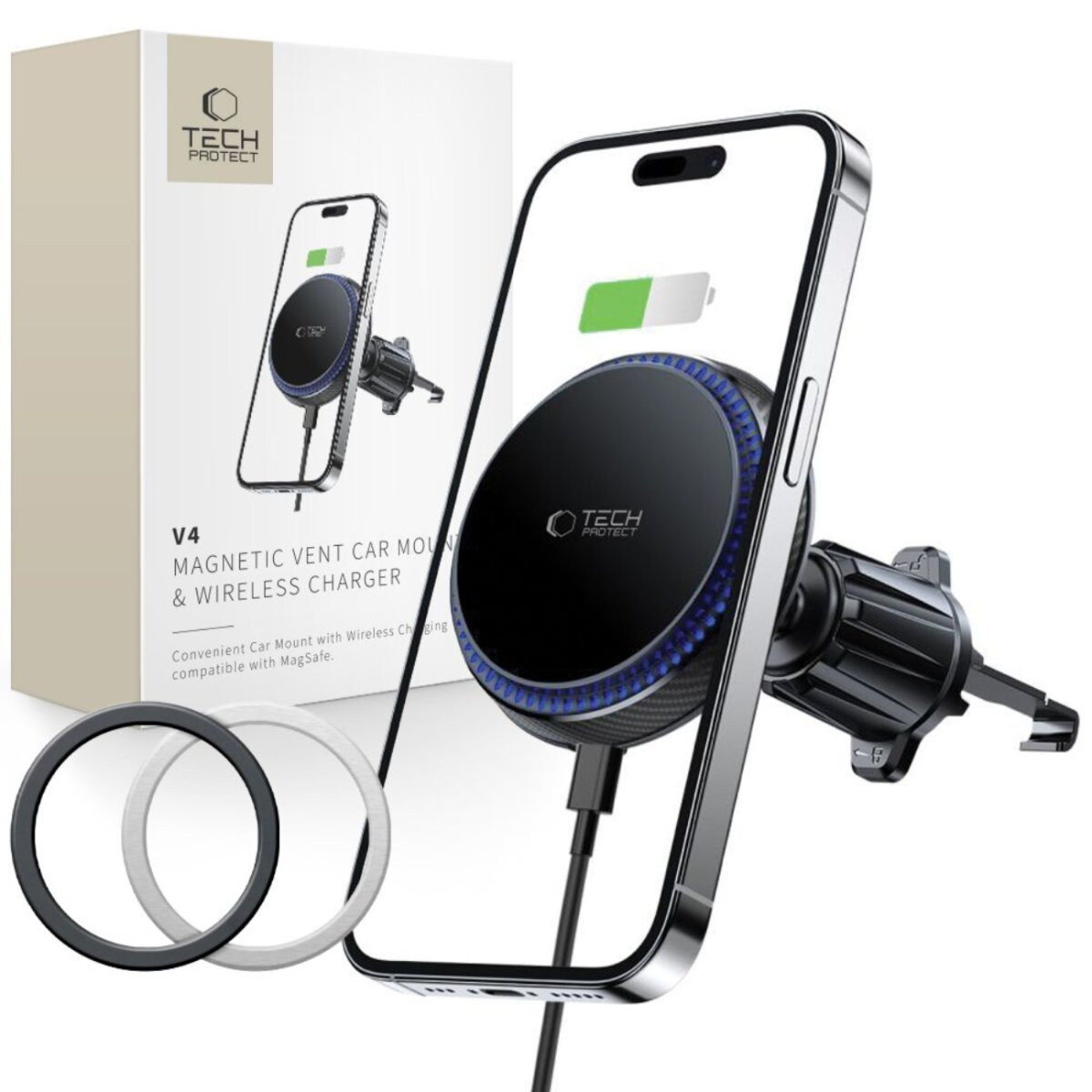 Een telefoon die oplaadt op een autohouder. De telefoon heeft een batterij-icoon. Een doos en twee ringen op de achtergrond.