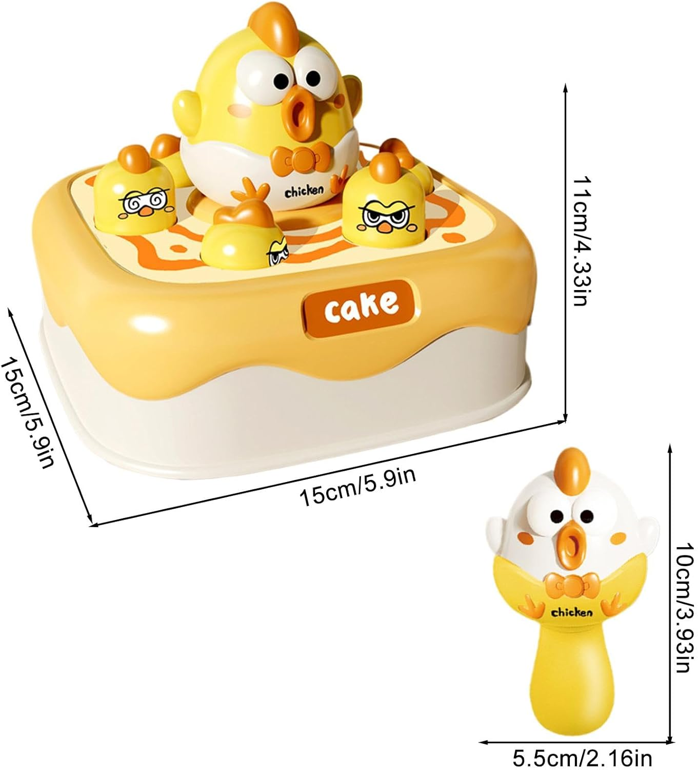 Ein gelbes Kuchentoy mit Hühnerfiguren darauf. Es hat das Wort 'Kuchen' an der Seite und Maßangaben.