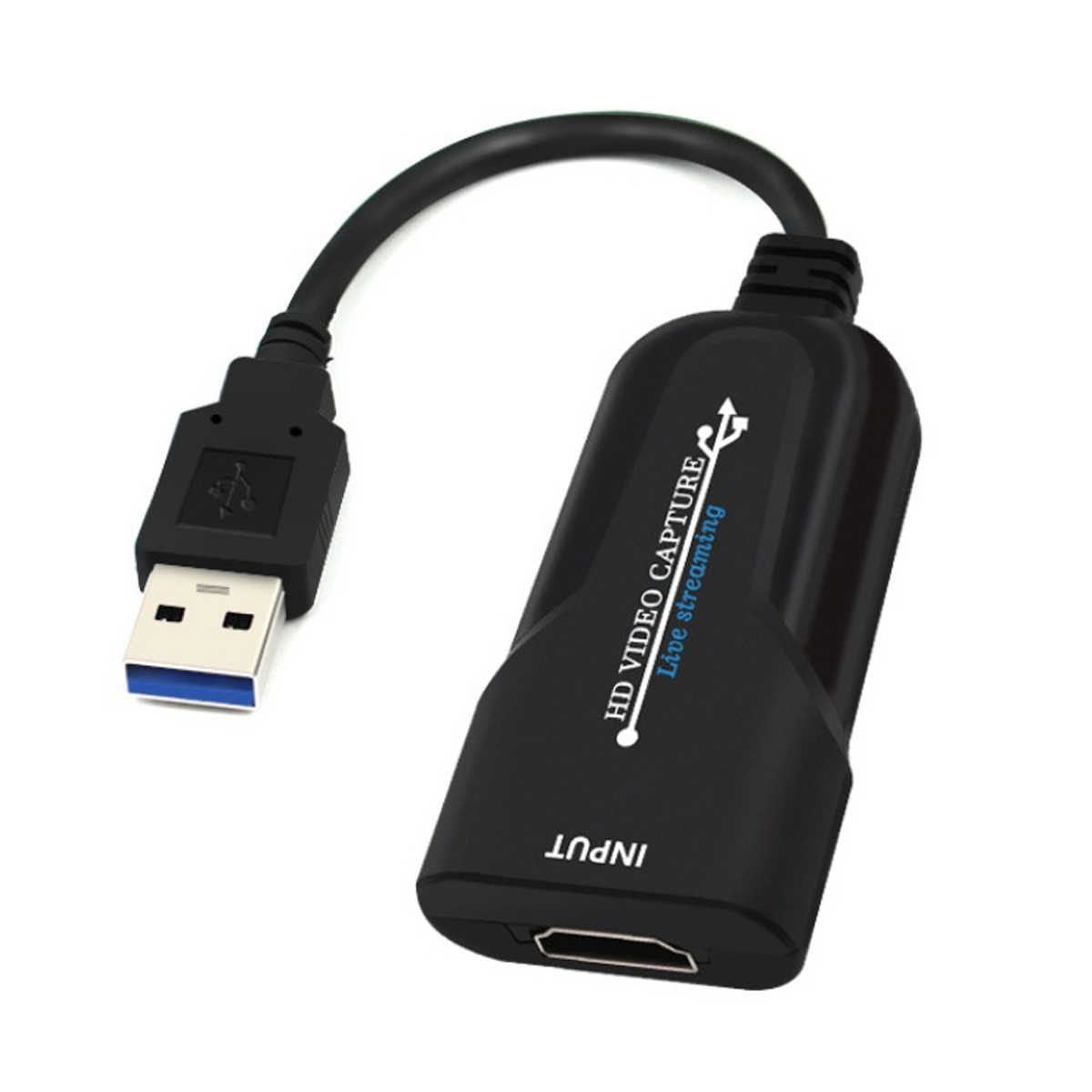 Schwarzes Videoaufnahmegerät mit USB- und HDMI-Anschlüssen. Es hat einen USB-Anschluss, ein schwarzes Kabel und einen HDMI-Anschluss mit der Bezeichnung INPUT.