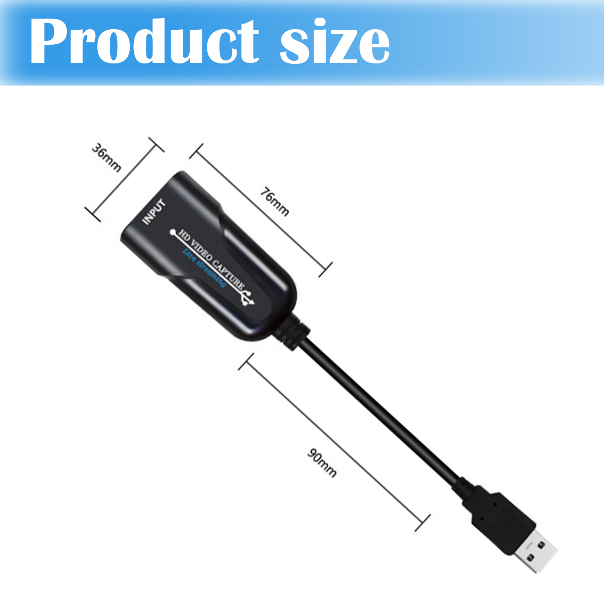 Schwarzes HD-Videoaufnahmegerät mit USB-Kabel. Abmessungen: 36 mm, 76 mm, 90 mm. Produktgröße-Text oben.