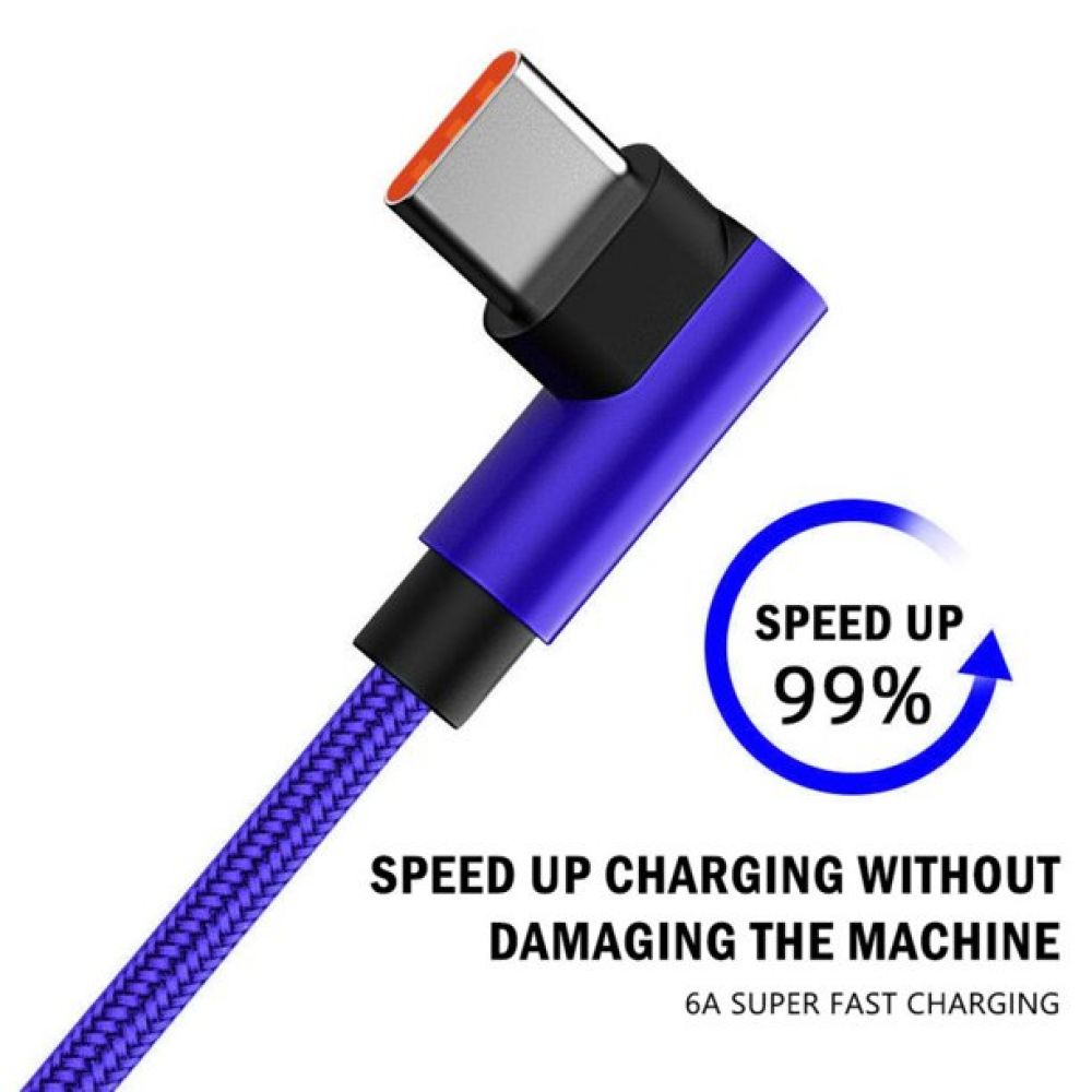 Ein blaues Ladekabel mit USB-C-Anschluss. Text: 'Speed Up 99%' und 'Speed up charging without damaging the machine'.