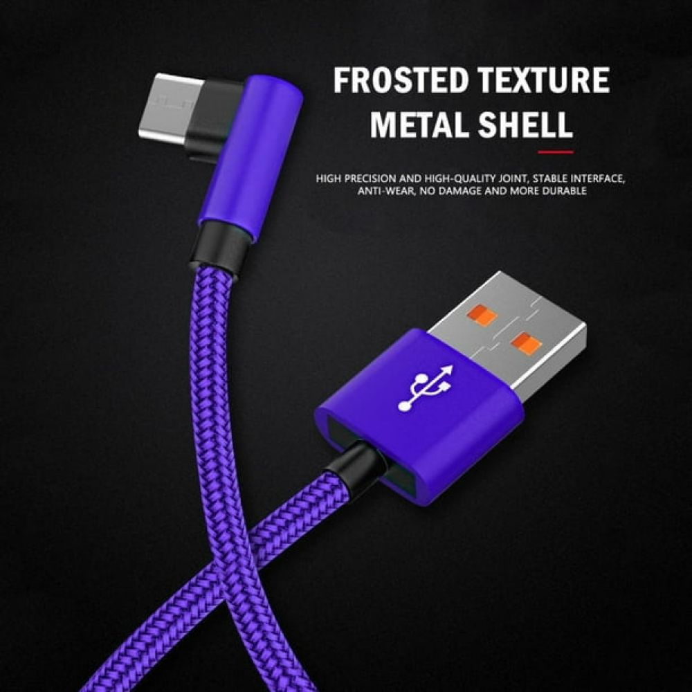 Ein lila USB-Kabel mit geflochtener Textur. Die Anschlüsse sind lila und silber. Der Text oben lautet 'Frosted Texture Metal Shell'.