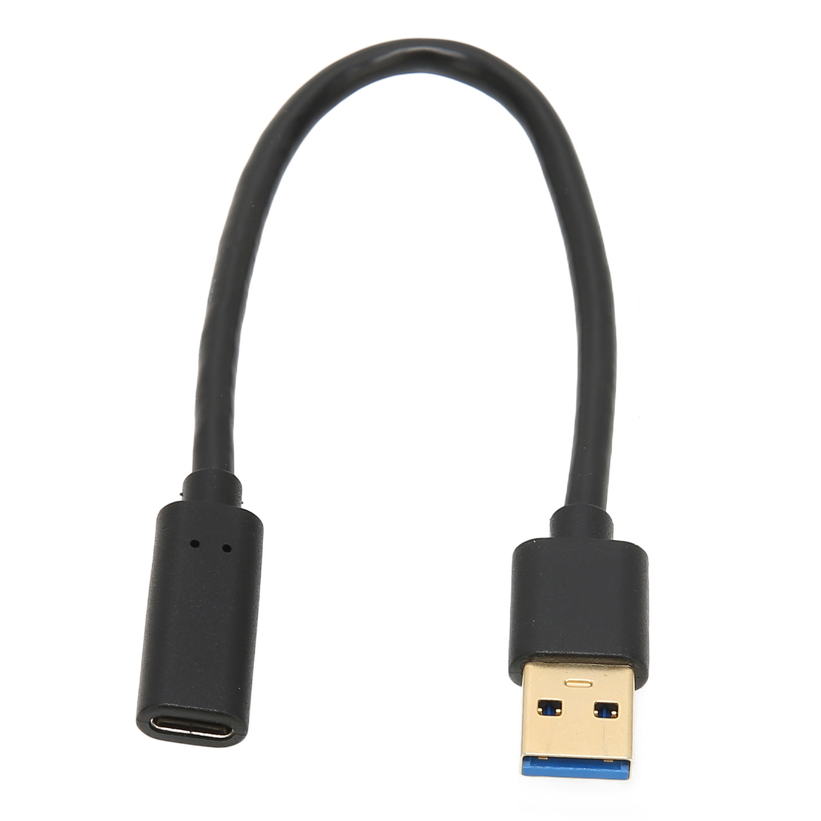 Ein schwarzes USB-C-auf-USB-A-Adapterkabel auf weißem Hintergrund. Das Kabel wölbt sich nach oben.