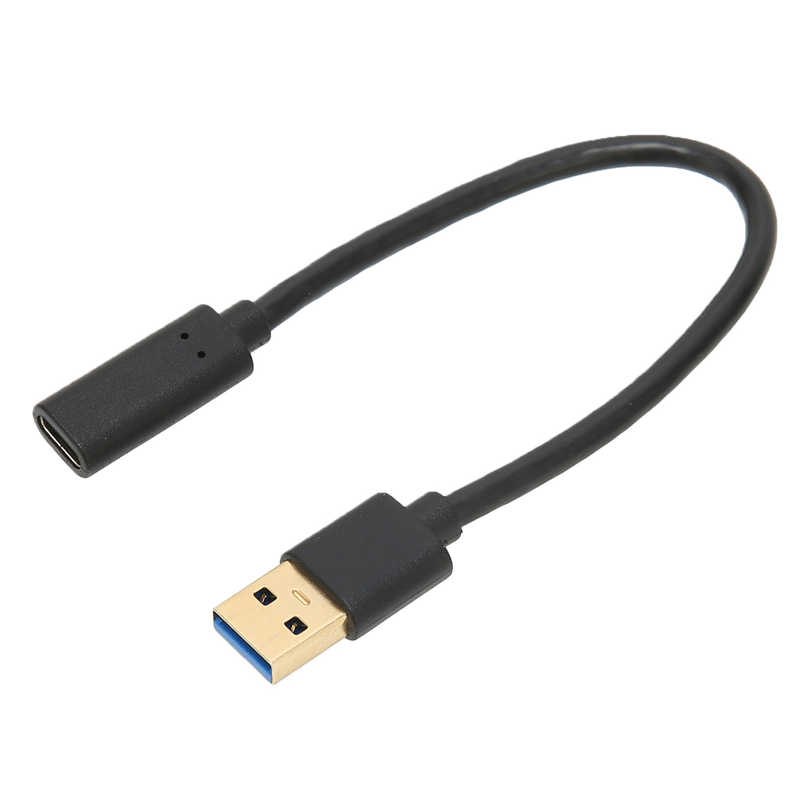 Ein schwarzes USB-Adapterkabel. Ein Ende ist USB-A, das andere USB-C. Der Hintergrund ist weiß.