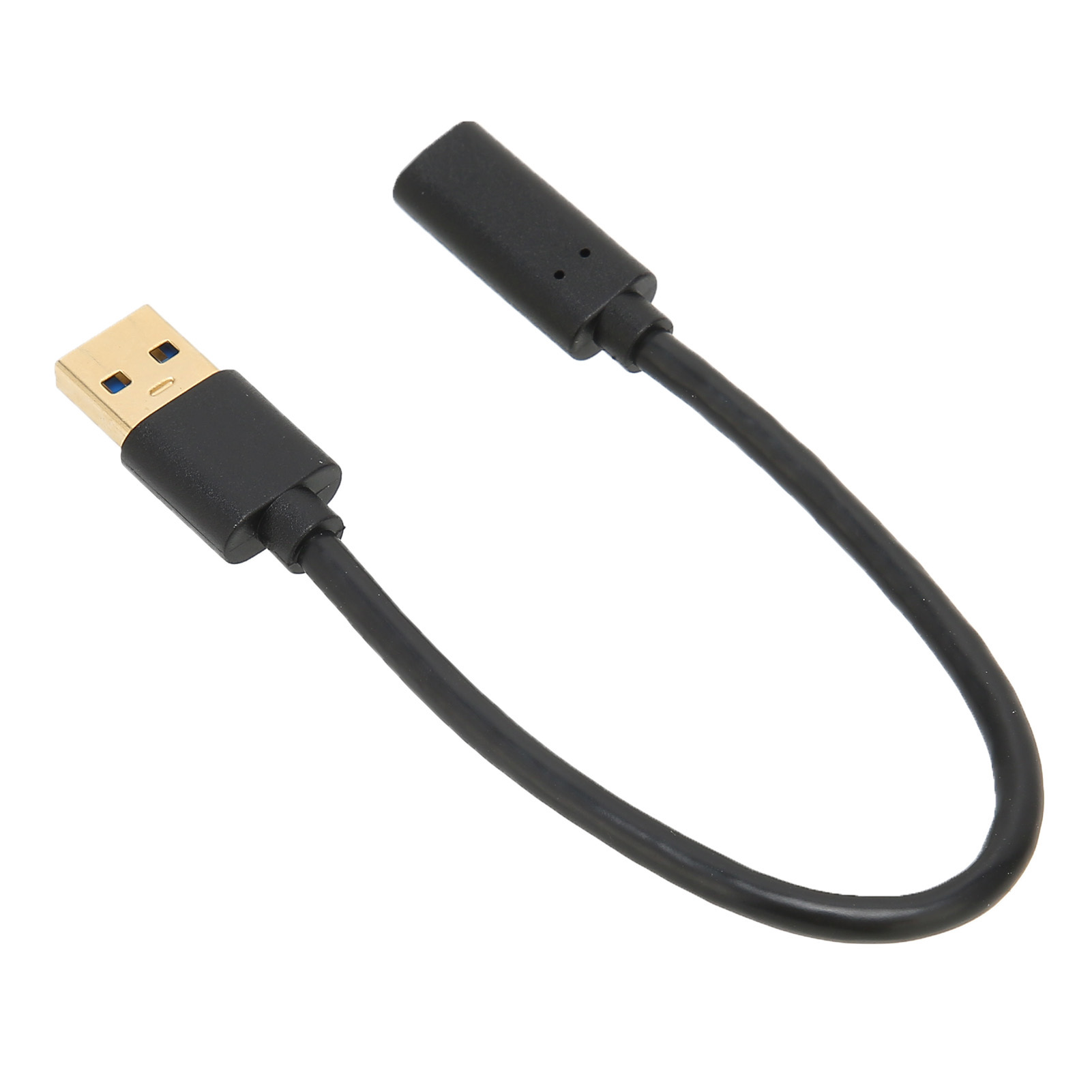 Ein schwarzes USB-Adapterkabel. Ein Ende ist USB, das andere ist ein Buchsenanschluss. Der Hintergrund ist weiß.