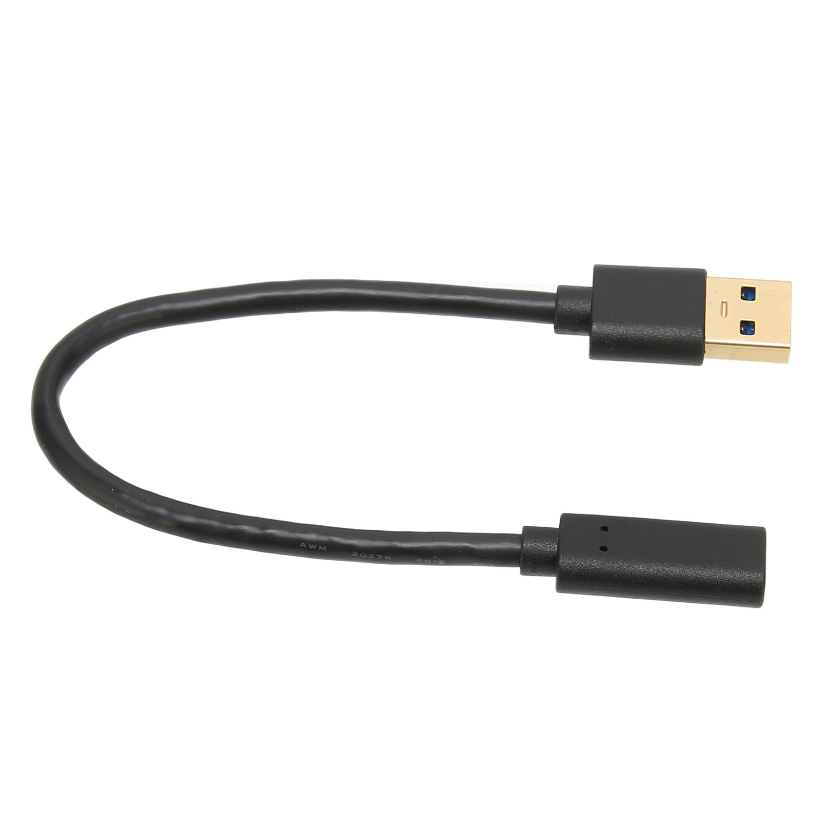 Ein schwarzes USB-Verlängerungskabel. Ein Ende hat einen goldenen USB-Anschluss, das andere Ende ist eine Buchse.