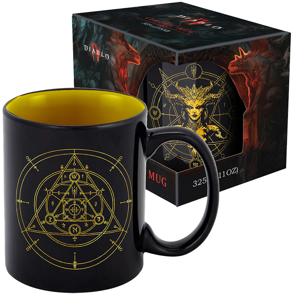 Tazza Diablo nera con simboli dorati, interno giallo e scatola abbinata con donna demoniaca e draghi.