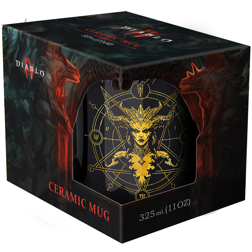 Una tazza di ceramica Diablo in una scatola nera. La tazza ha una figura demoniaca dorata. La scatola presenta il testo Diablo e arte demoniaca.