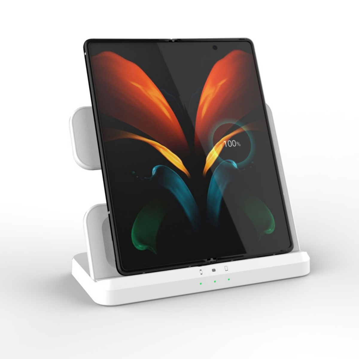 Eine weiße Ladestation mit einem schwarzen faltbaren Telefon. Der Telefonbildschirm zeigt ein abstraktes Design und eine 100 % Batterieanzeige.