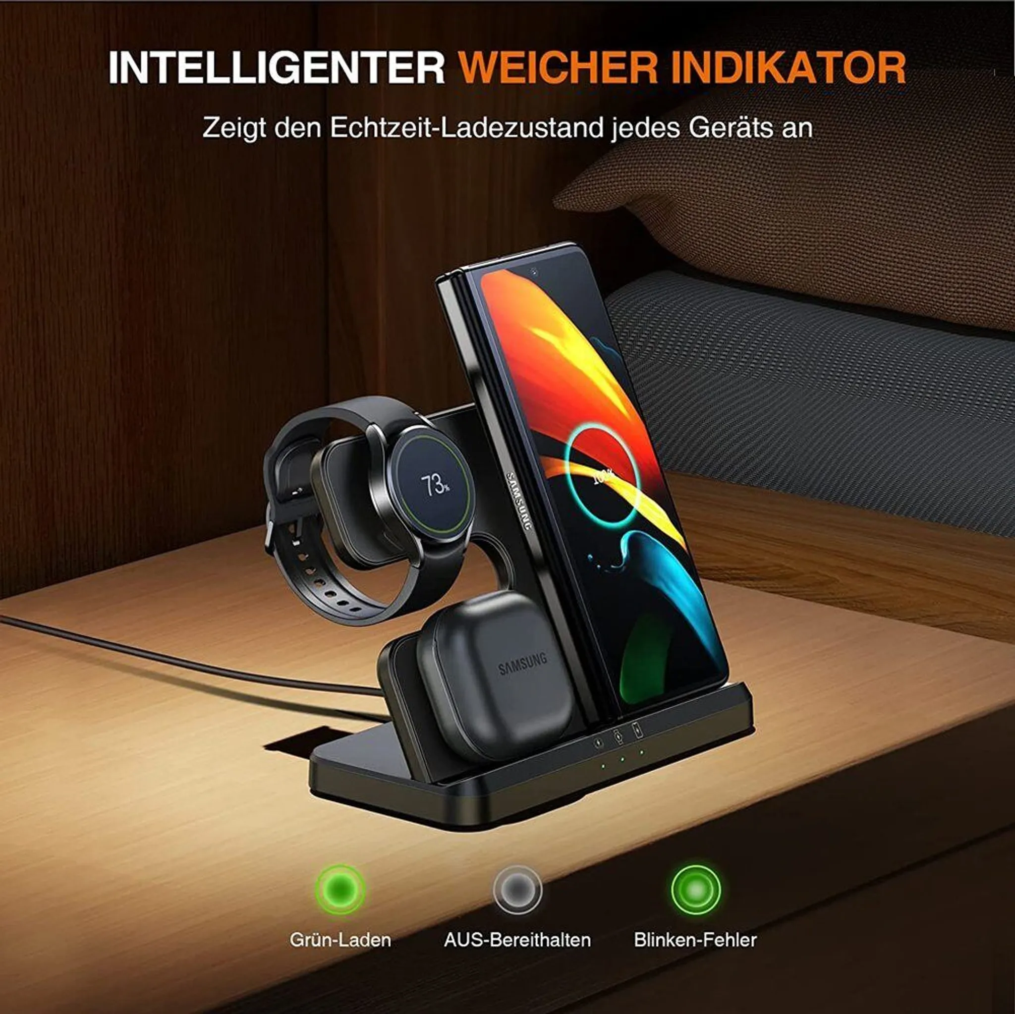 Eine schwarze Ladestation mit Telefon, Uhr und Ohrhörern. Sie zeigt den Ladestatus an. Grüne, graue und grüne Lichter sind sichtbar.