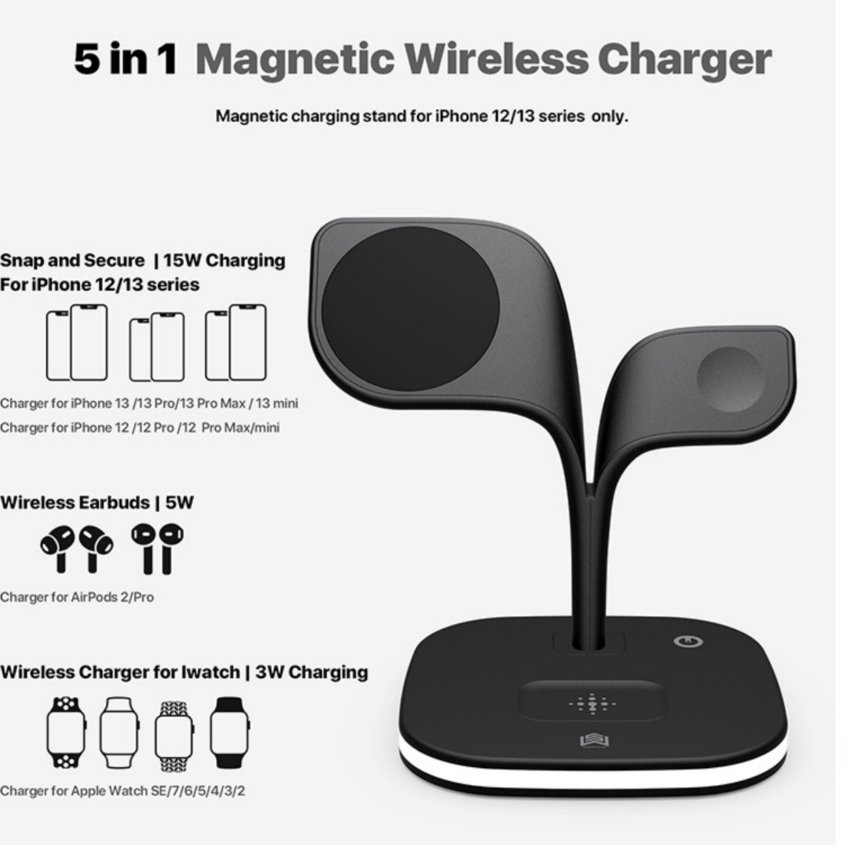Schwarzes 5-in-1 magnetisches kabelloses Ladegerät für iPhone, AirPods und Apple Watch. Es hat ein Ständerdesign mit Ladeflächen und einer Basis.