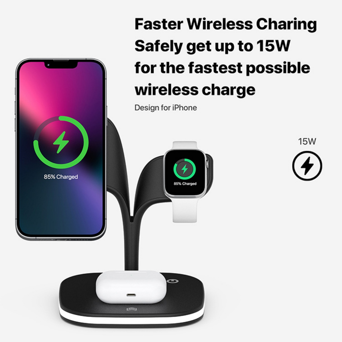 Kabelloses Ladegerät mit iPhone, Apple Watch und AirPods. Alle zeigen das Laden an. Text sagt 15W kabelloses Laden.
