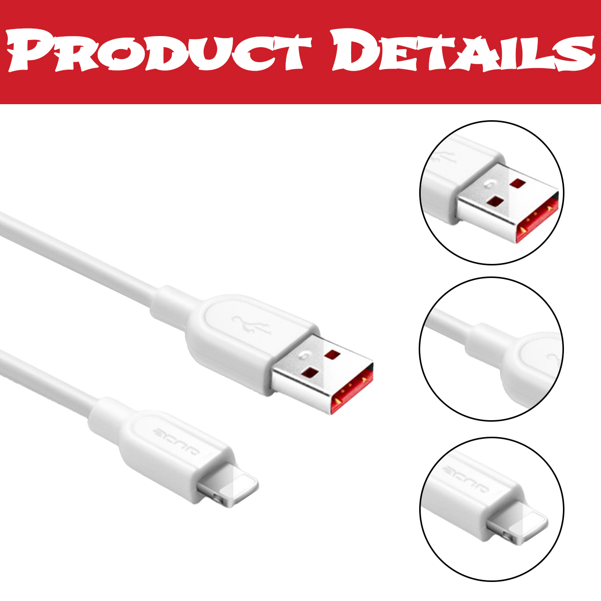 Weißes USB-Ladekabel mit rotem Innenraum und Lightning-Anschluss. Produktdetails-Text steht oben in Rot.