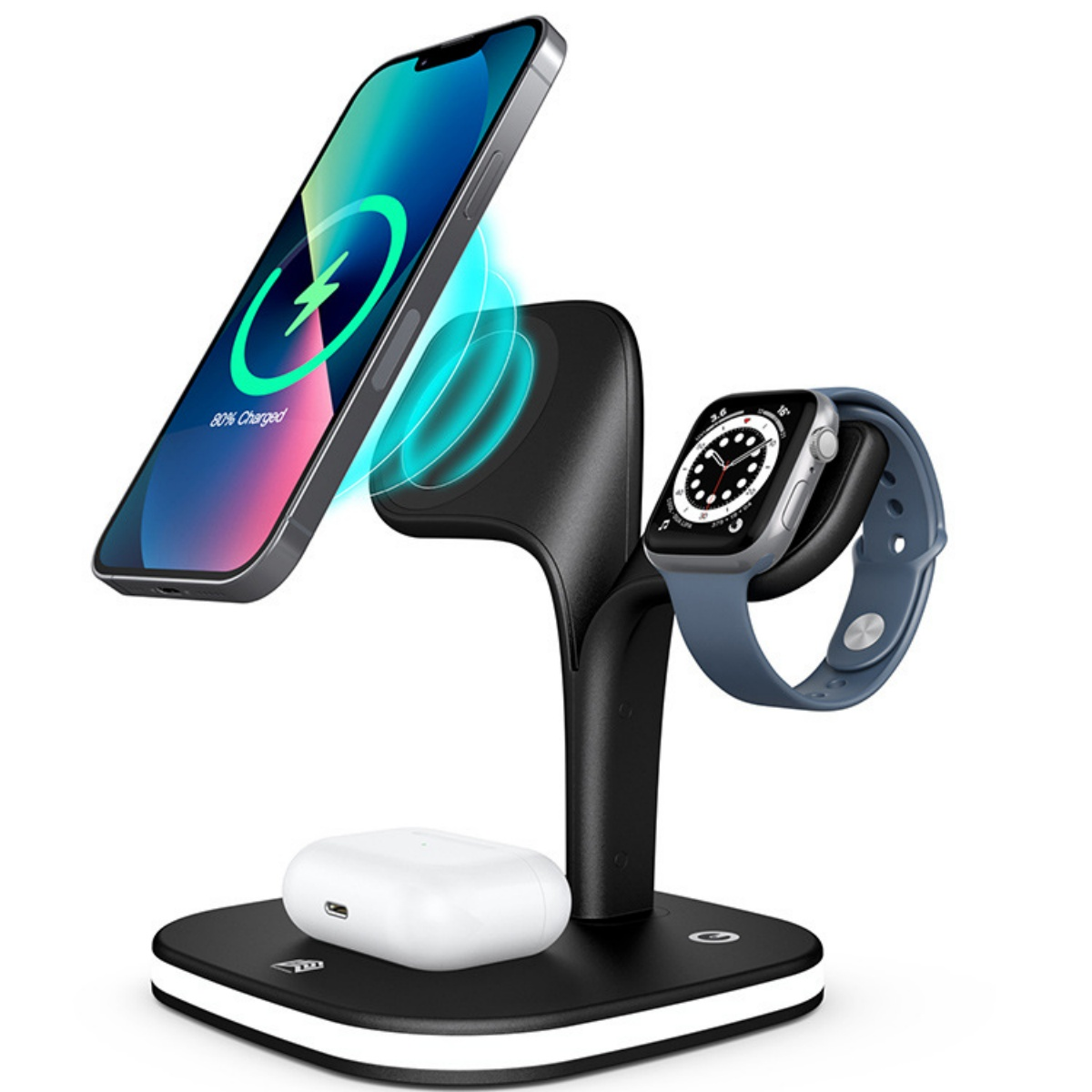 Eine Ladestation mit Telefon, Uhr und Ohrhörern. Das Telefon zeigt 80 % geladen an. Die Uhr hat ein blaues Armband.