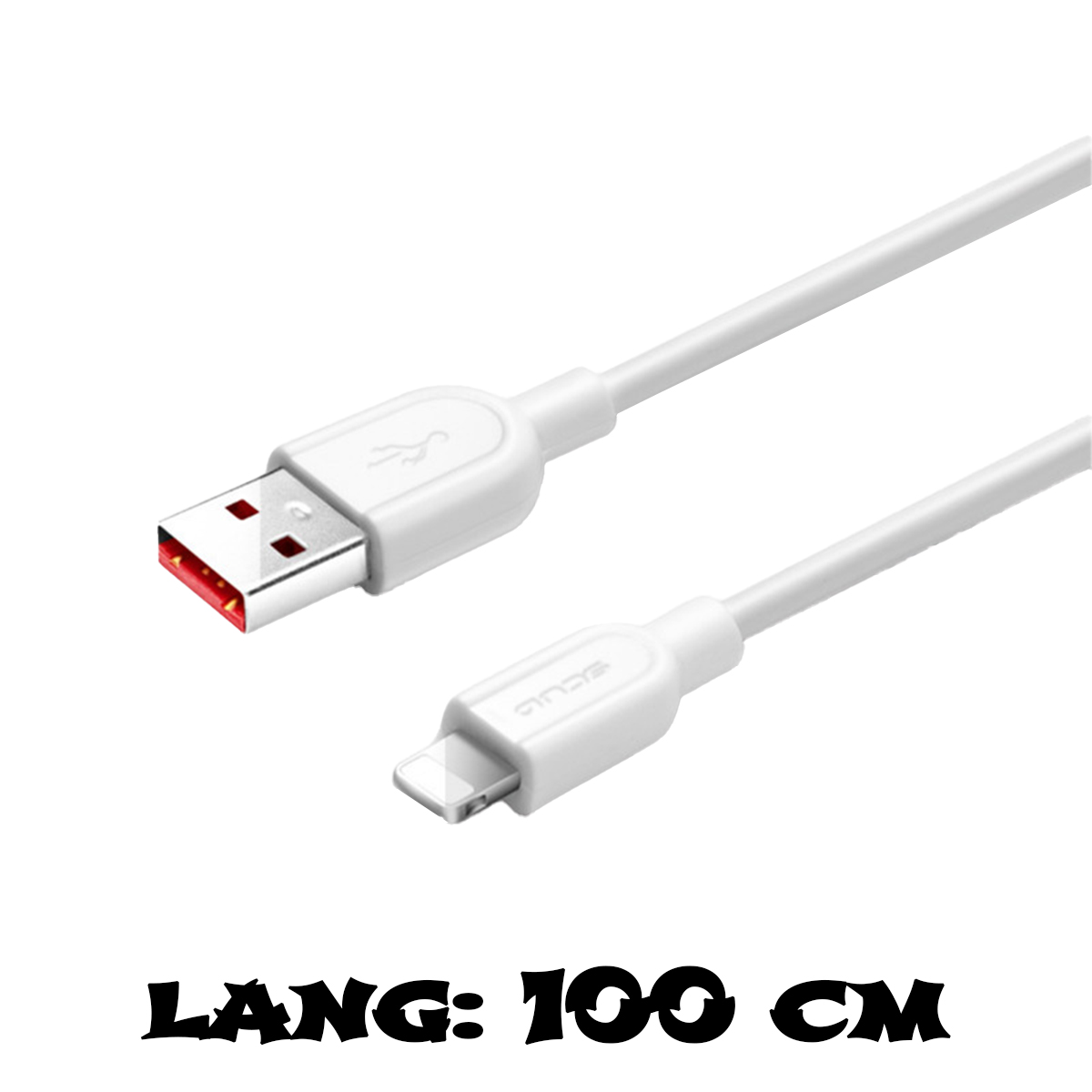 Ein weißes USB-Ladekabel mit rotem USB-Ende. Das Kabel hat auch einen Lightning-Anschluss. Der Text unten lautet: LANG: 100 CM.