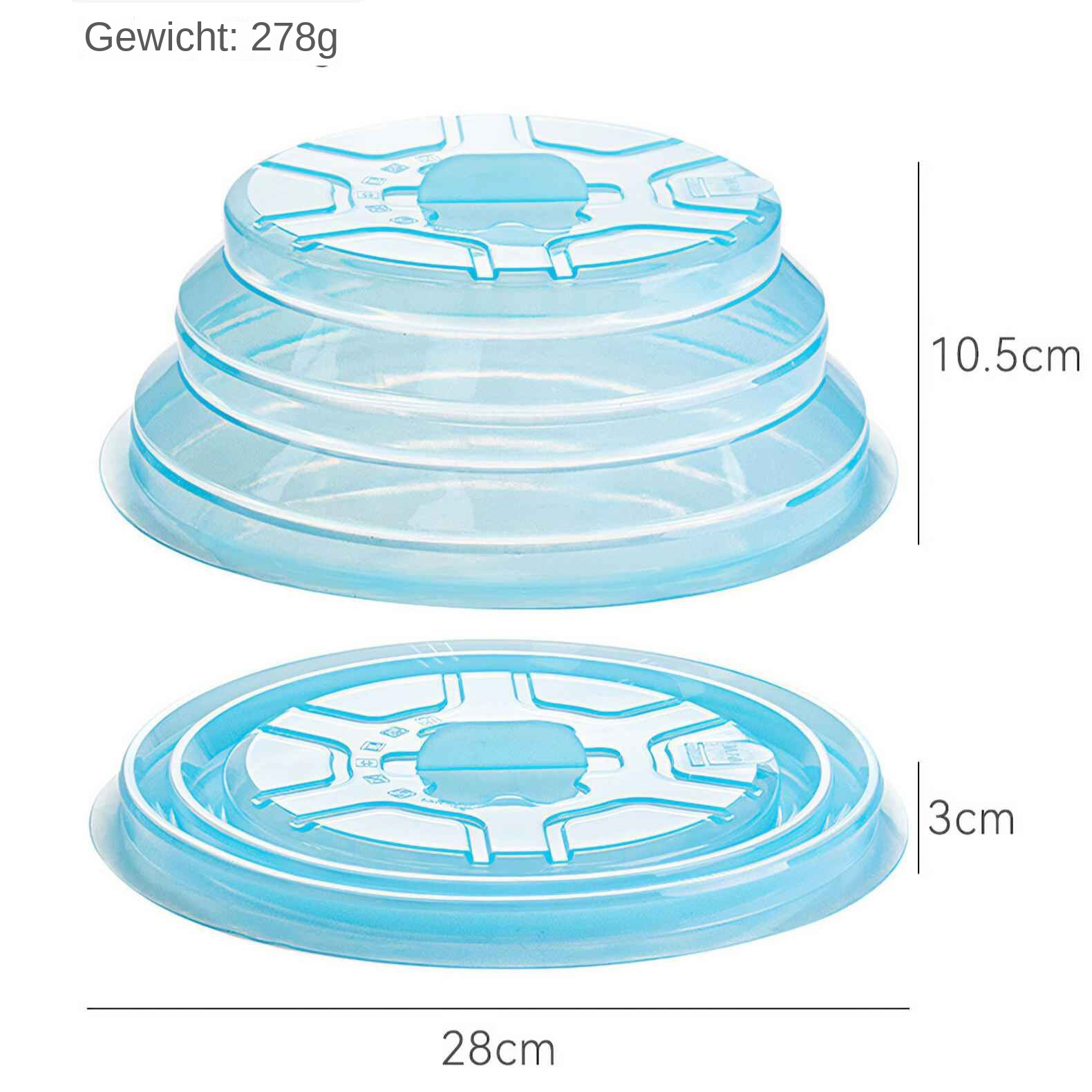 Ein stapelbares, hellblaues Lebensmittelbehälter-Set. Es ist 28 cm breit, 10,5 cm hoch und wiegt 278 g. Abmessungen sind angegeben.