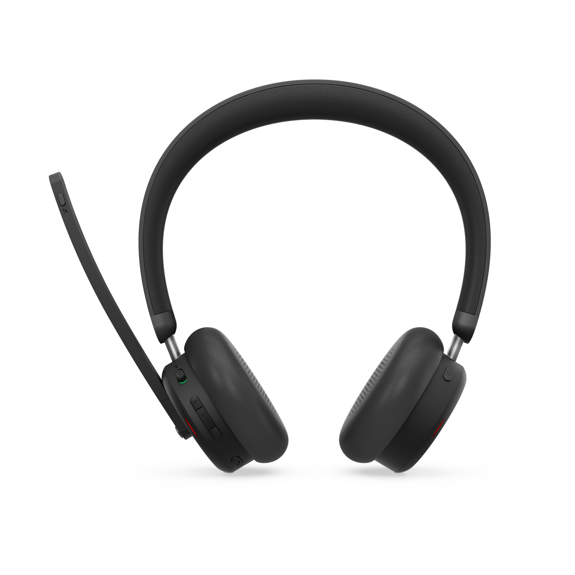 Cuffie nere con microfono su sfondo bianco. Ha auricolari e archetto.