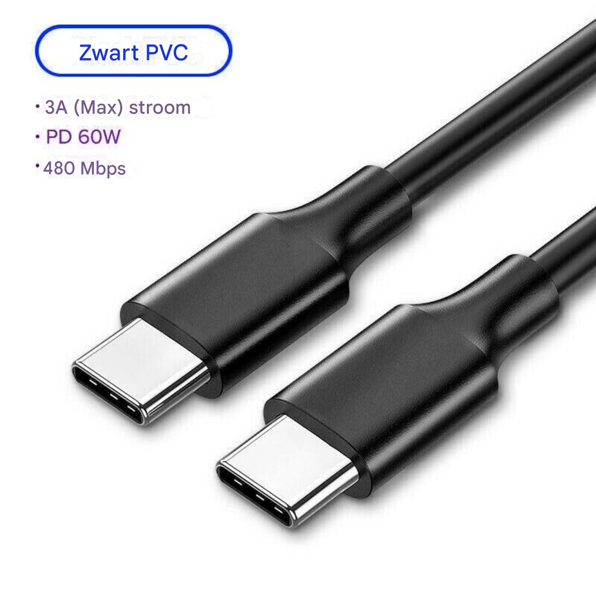 Schwarzes USB-C-Kabel mit weißen Anschlüssen. Text: Zwart PVC, 3A (Max) stroom, PD 60W und 480 Mbps.