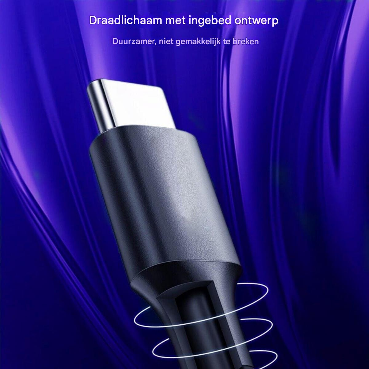 Nahaufnahme eines USB-C-Kabels. Es ist schwarz und grau, mit einem silbernen Stecker. Der Hintergrund ist ein verschwommenes Lila.