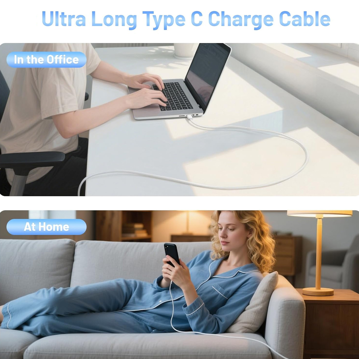 Das Bild zeigt eine Person, die einen Laptop benutzt, und eine Frau, die ein Telefon benutzt, während sie auf einem Sofa liegt. Beide benutzen ein langes weißes Kabel.