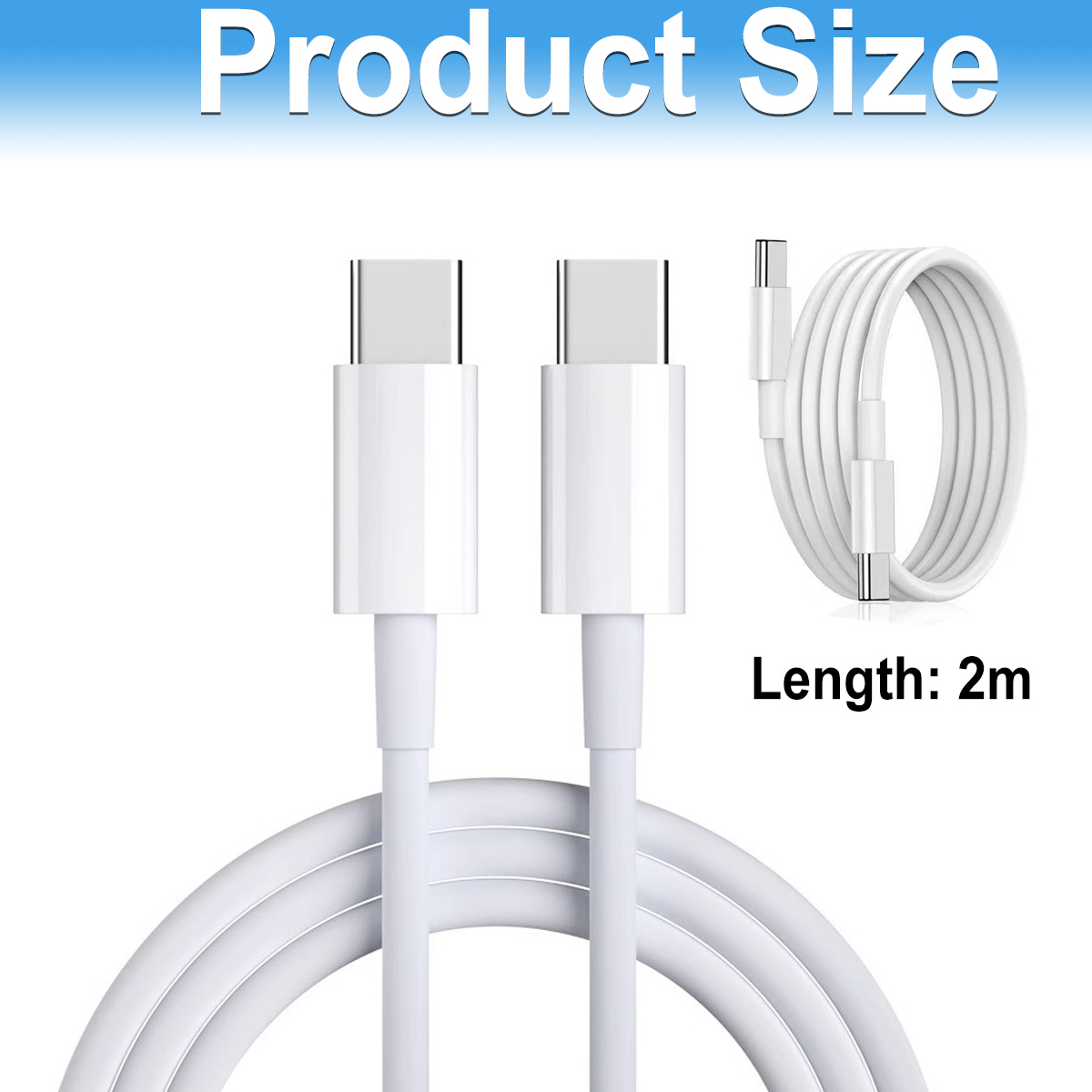 Das Bild zeigt weiße USB-C-Kabel. Zwei Kabel sind gerade, eines ist aufgerollt. Text: Produktgröße. Länge: 2m.
