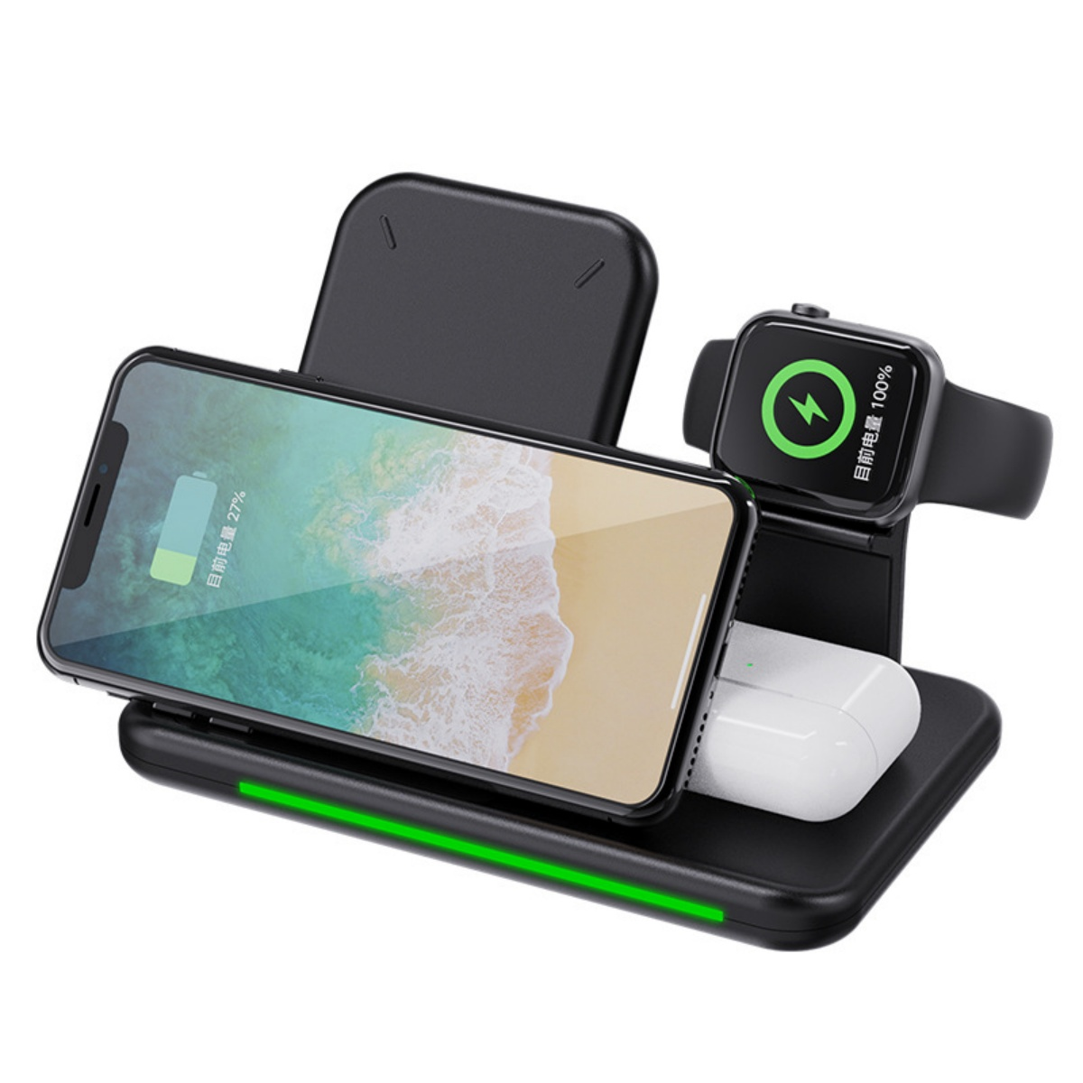 Eine schwarze Ladestation mit einem Telefon, das zu 27 % geladen wird, einer Apple Watch und Airpods. Am Sockel leuchtet ein grünes Licht.