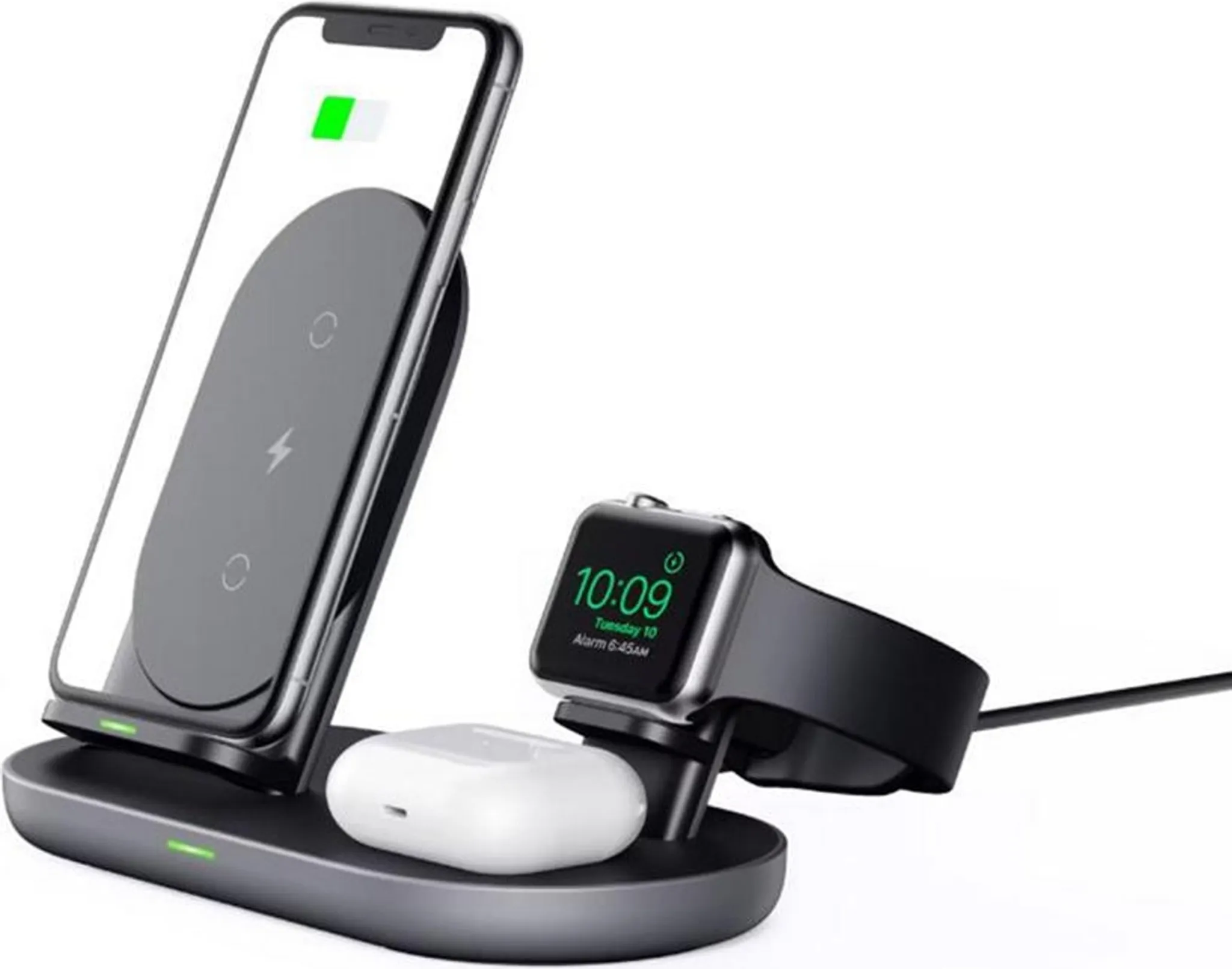 Eine Ladestation mit Telefon, Uhr und Ohrhörern. Das Telefon zeigt eine Ladeanzeige. Die Uhr zeigt die Zeit an.