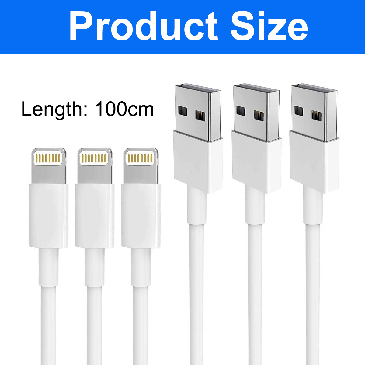Das Bild zeigt weiße Ladekabel. Der Text lautet 'Produktgröße' und 'Länge: 100cm'.