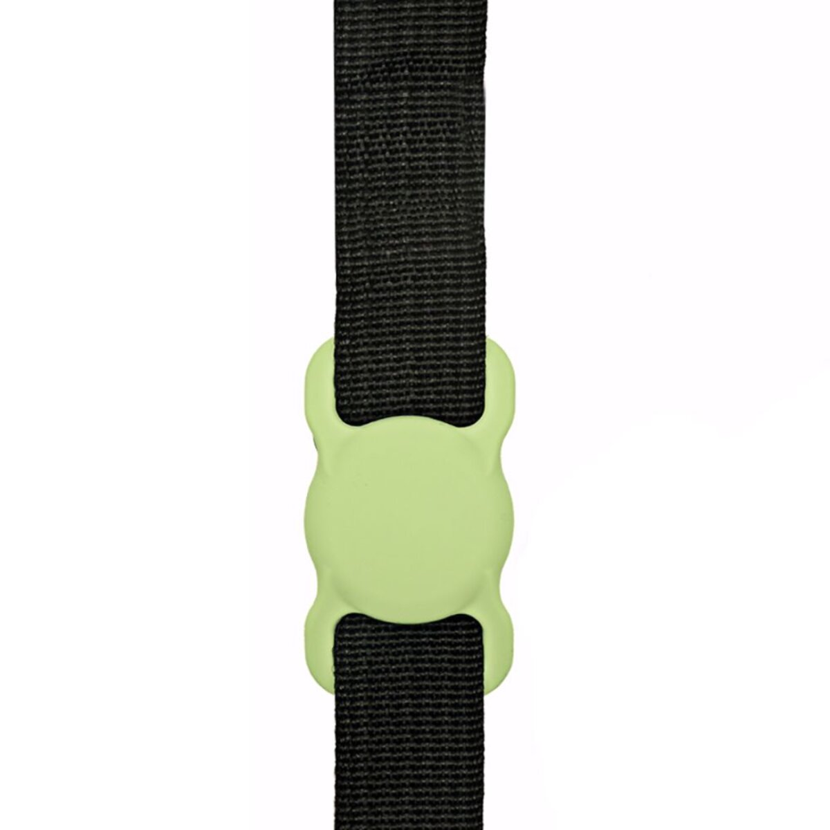 A close-up of a black strap with a light green buckle. The buckle is centered and has a rounded shape with two curved protrusions.