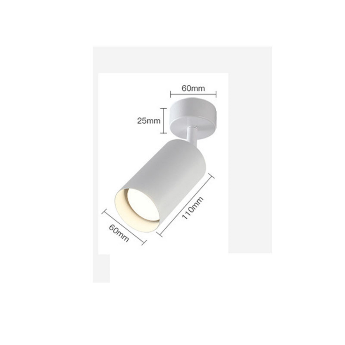 Ein weißer Strahler mit Maßangaben. Er hat einen zylindrischen Kopf und eine kreisförmige Basis. Abmessungen sind 60mm, 25mm und 110mm.