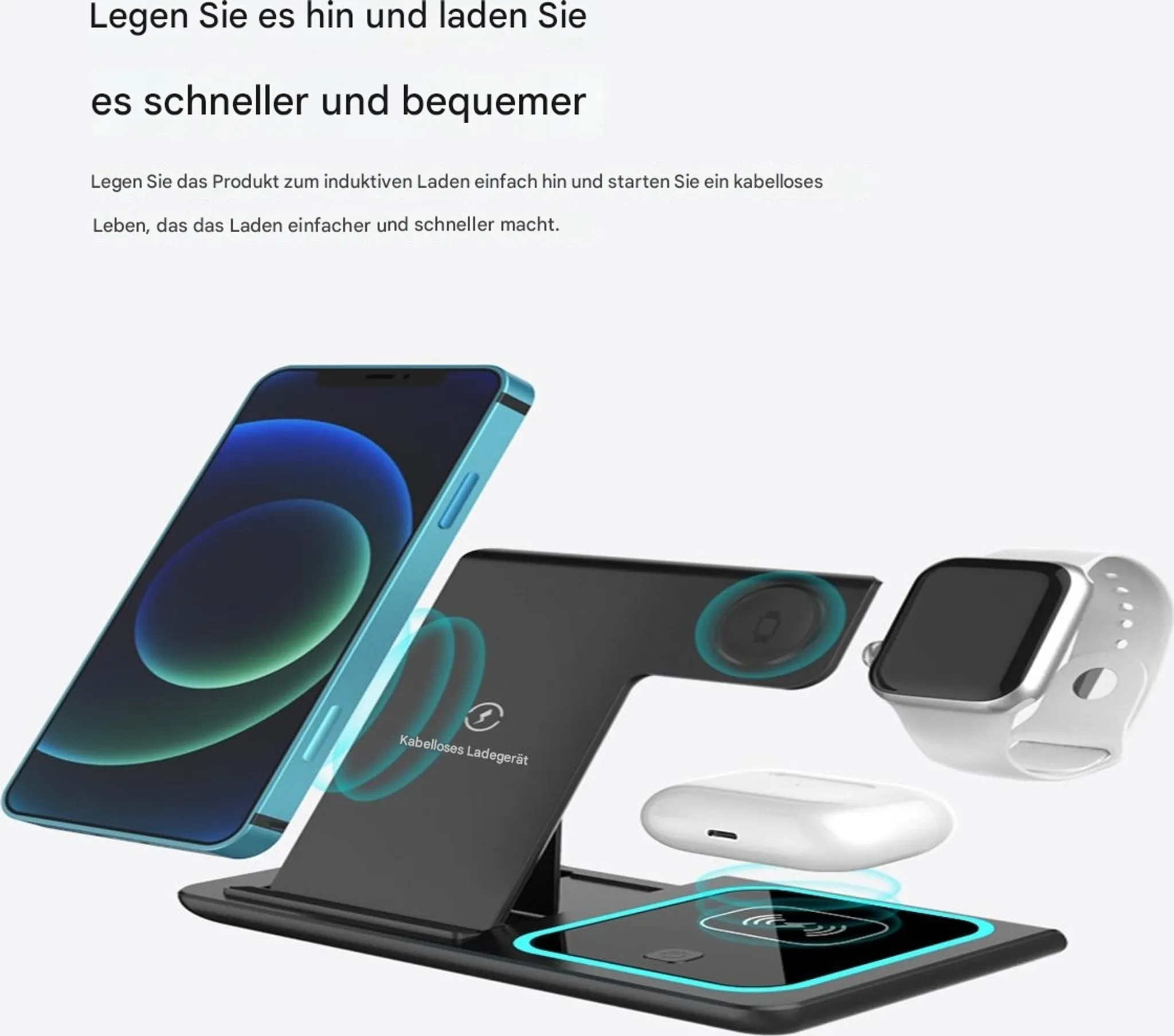 Kabelloses Ladegerät mit Telefon, Uhr und Ohrhörern. Telefon ist blau, Uhr weiß. Das Ladegerät ist schwarz.