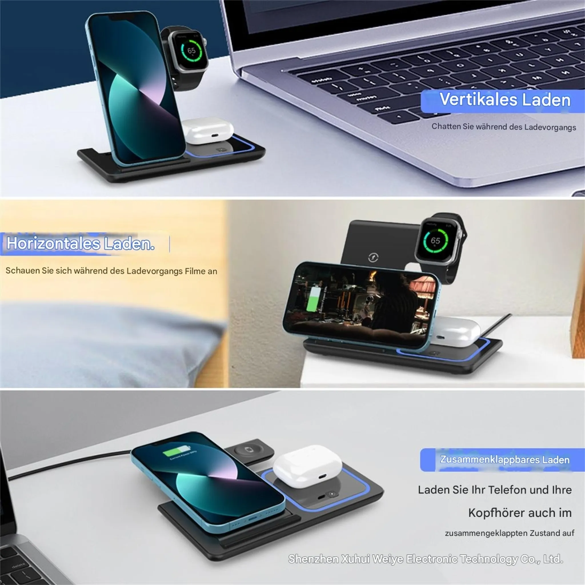 Eine Ladestation für Telefon, Smartwatch und Ohrhörer. Im Hintergrund ist ein Laptop zu sehen. Das Telefon zeigt eine Ladeanimation.