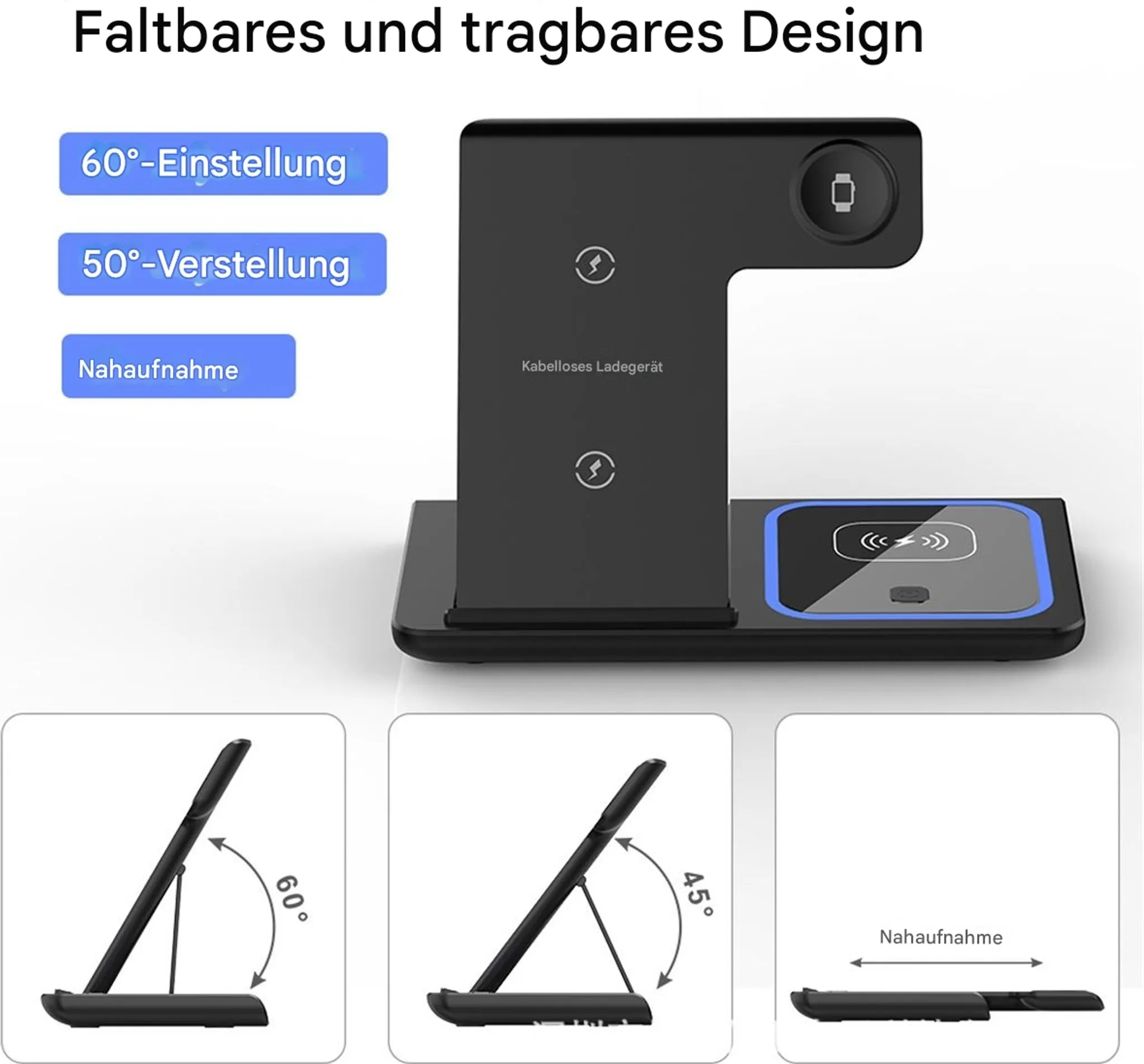 Schwarze kabellose Ladestation. Merkmale: Einstellbare Standwinkel und ein kleiner Ladebereich für Uhren.